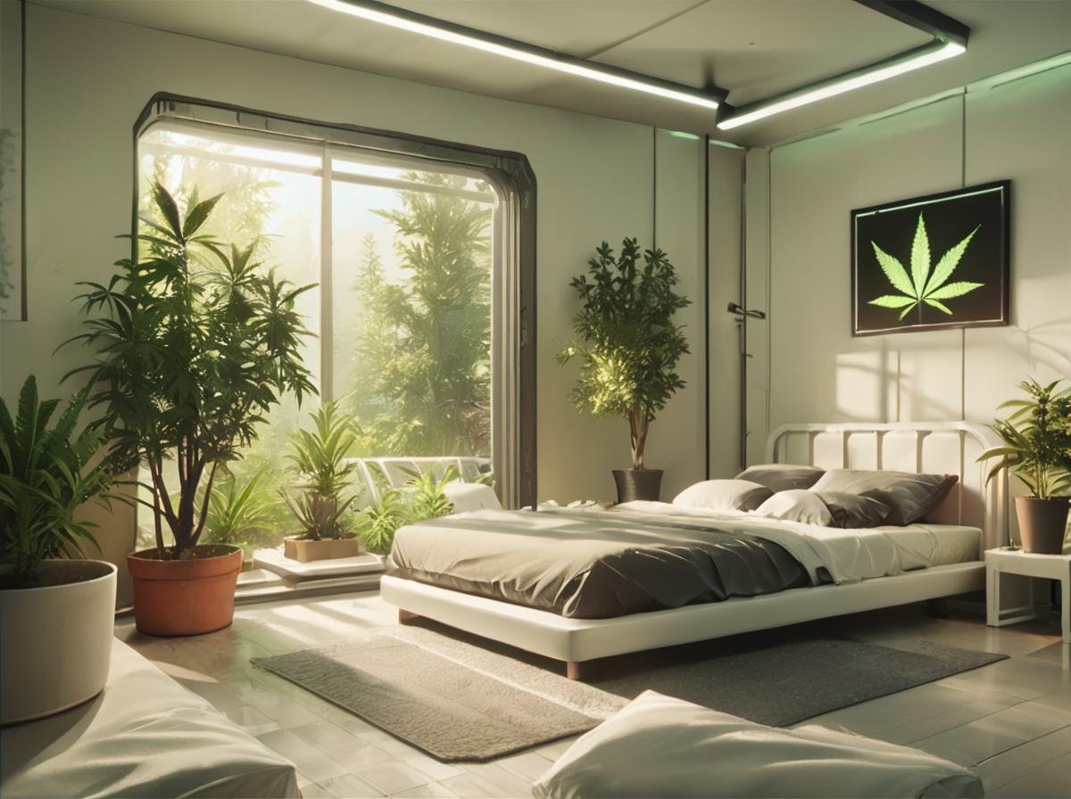 score_9, score_8_up, score_7_up,score_6_up, score_5_up, score_4_up,  source_anime BREAK420futurism, <lora:420Futurism_r1:0.8>, no humans, scenery, plant, indoors, bed, tree, potted plant, pillow, 