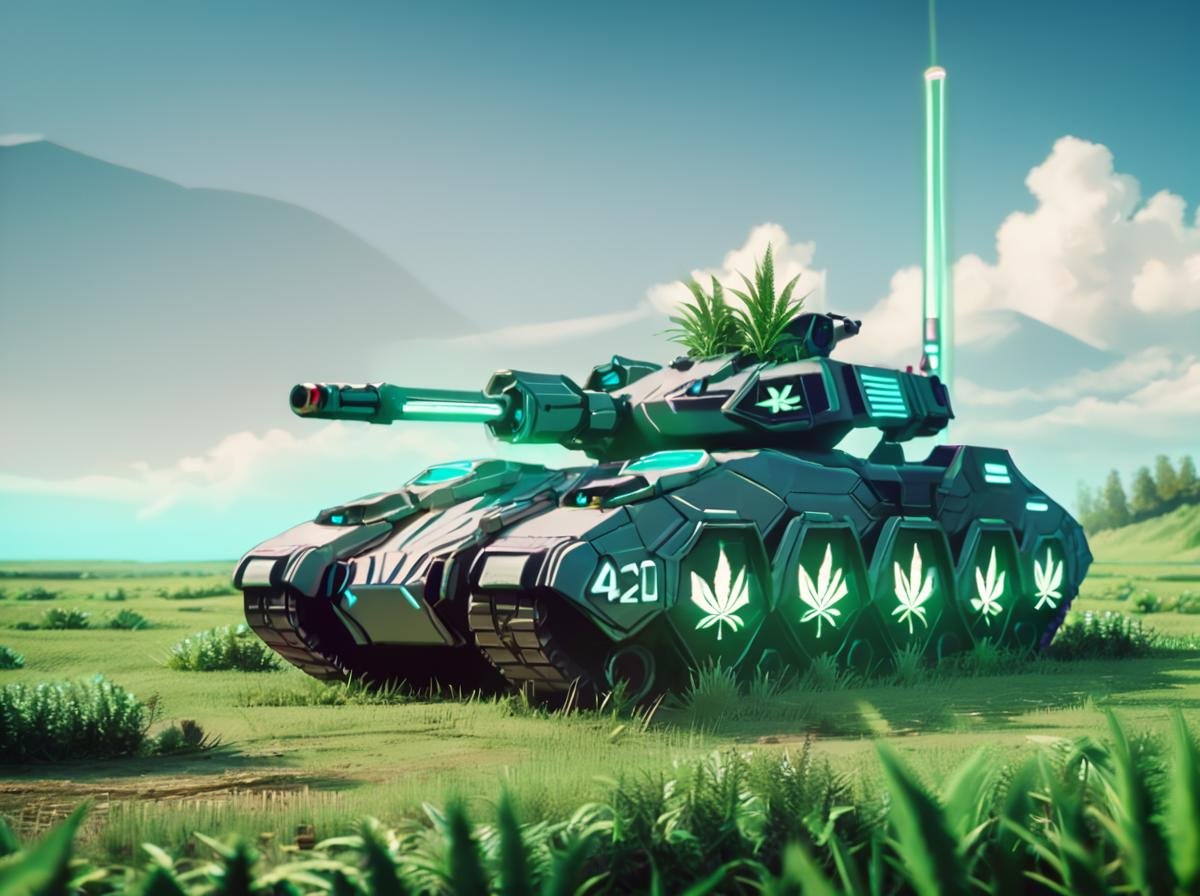 score_9, score_8_up, score_7_up,score_6_up, score_5_up, score_4_up,  source_anime BREAK420futurism,   <lora:420FuturismPony:1>battle tank,glow,scenery backround,field,plant,futuristic,cyberpunk