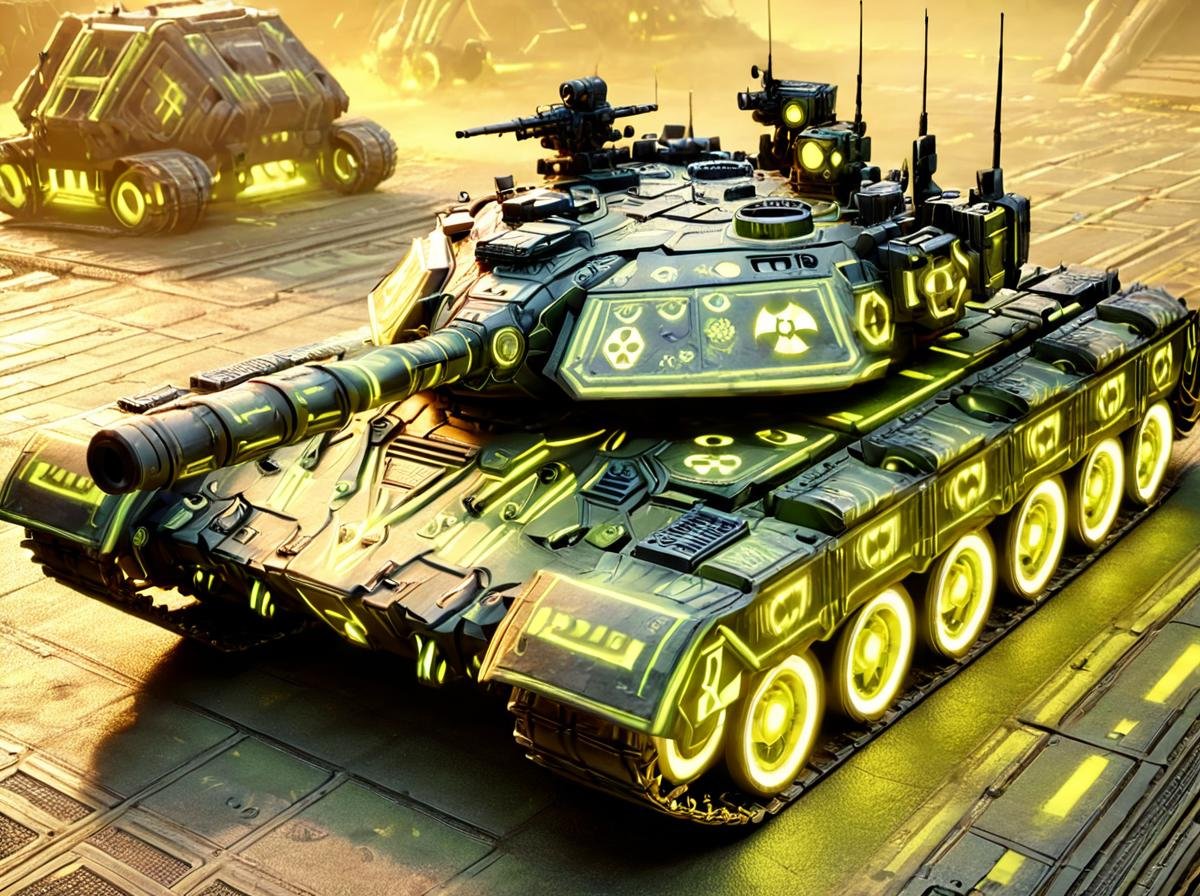 <lora:nuclearhazard_Xl:0.8>,nuclearhazard,battle tank