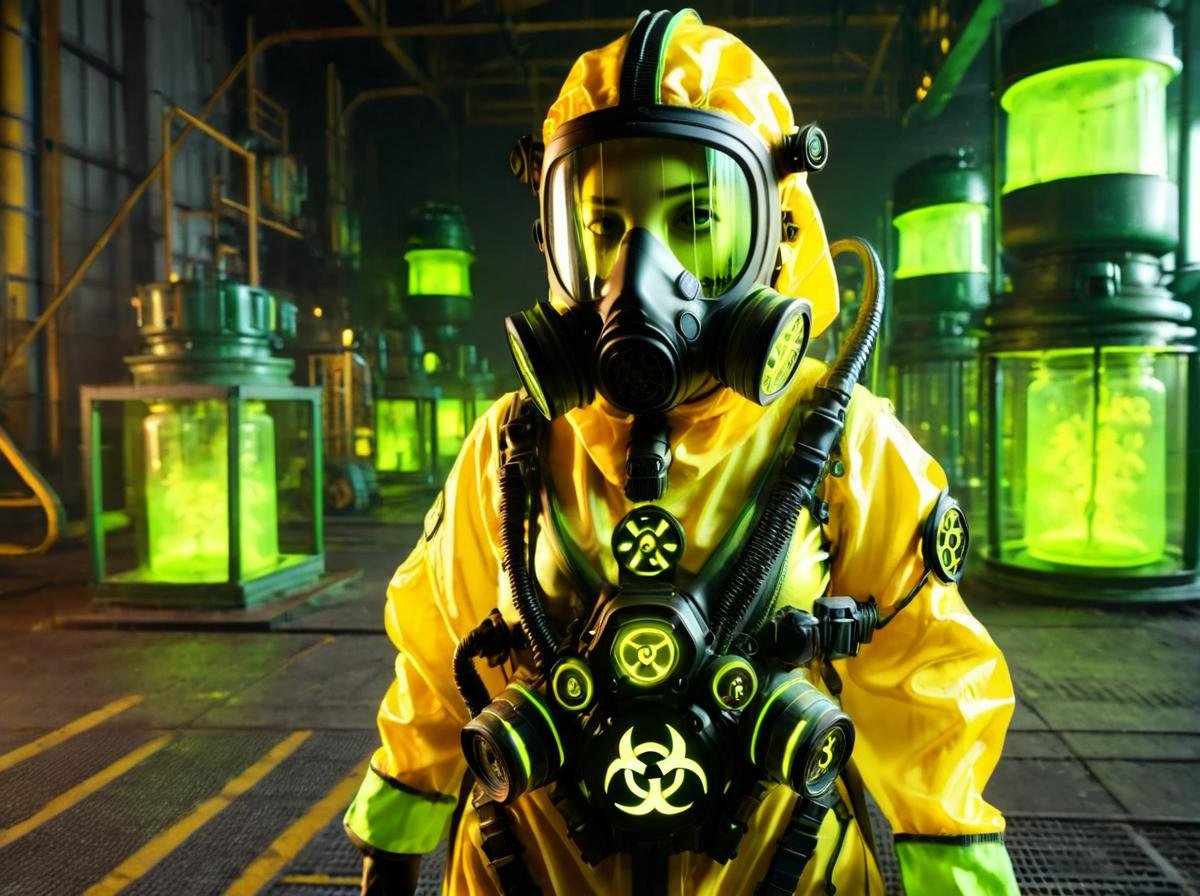 <lora:nuclearhazard_Xl:0.8>,nuclearhazard,1girl,solo,hazmat suit,gasmask,nuclear power plant,yellow and green fluid,translucent containers