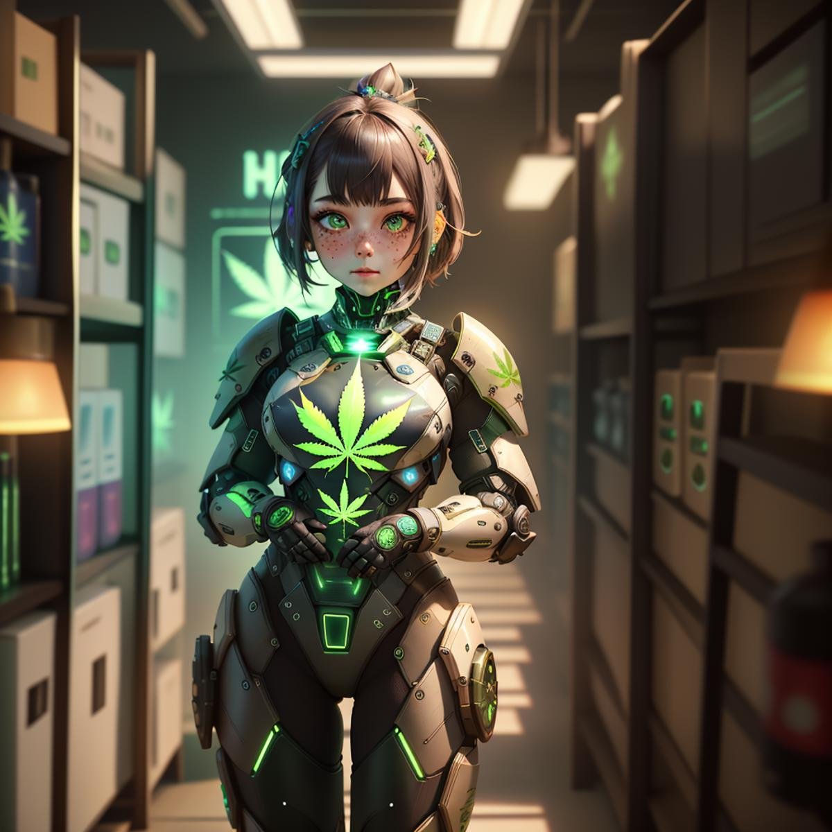 masterpiece,high resolution,420futurism, <lora:420Futurism:1>,,hemp clothing, 1girl, solo, power armor, looking at viewer, freckles, , blurry background,glow