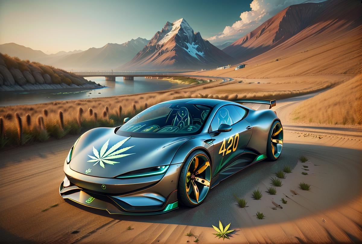 masterpiece,high resolution,420futurism, <lora:420Futurism:1>, no humans, car, ground vehicle, vehicle focus, motor vehicle, outdoors, scenery, sports car, road