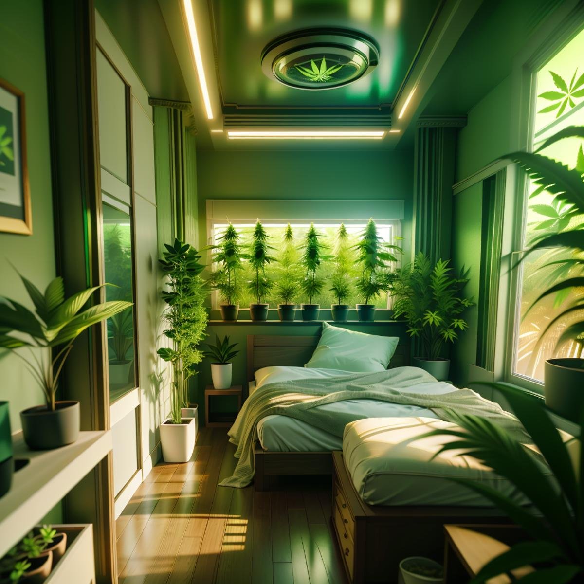 masterpiece,high resolution,420futurism, <lora:420Futurism:1>,bedroom, plant, no humans, scenery, indoors, window, bed, blurry, tree, potted plant