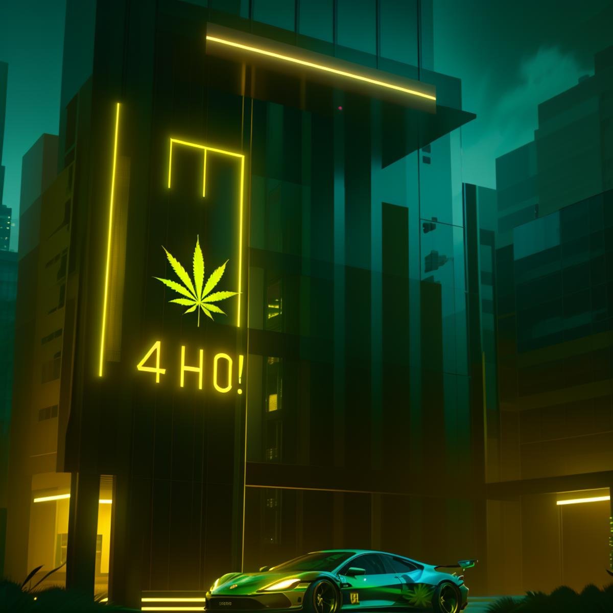 masterpiece,high resolution,420futurism, <lora:420Futurism:1>,, no humans,  car,scenery, night, building, sign, outdoors, plant,glow,"420" 