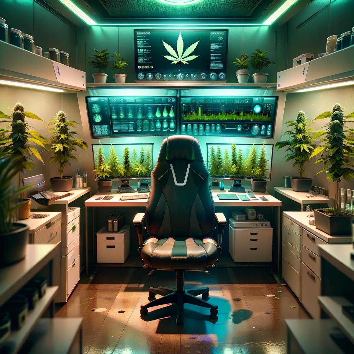 masterpiece,high resolution,420futurism, <lora:420Futurism:1>,lab, no humans, scenery, monitor, chair, computer, keyboard (computer), leaf, indoors, plant