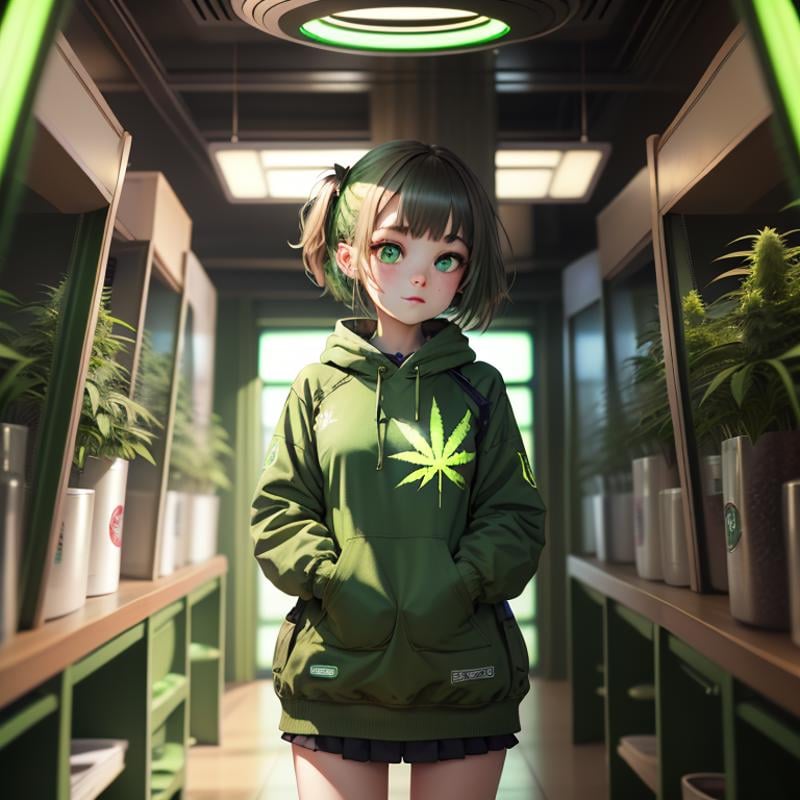 masterpiece,high resolution,420futurism, <lora:420Futurism:1>,, hemp clothing, 1girl, solo, green eyes,portrait,