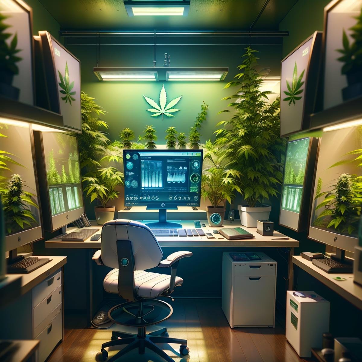 masterpiece,high resolution,420futurism, <lora:420Futurism:1>,lab, no humans, scenery, monitor, chair, computer, keyboard (computer), leaf, indoors, plant