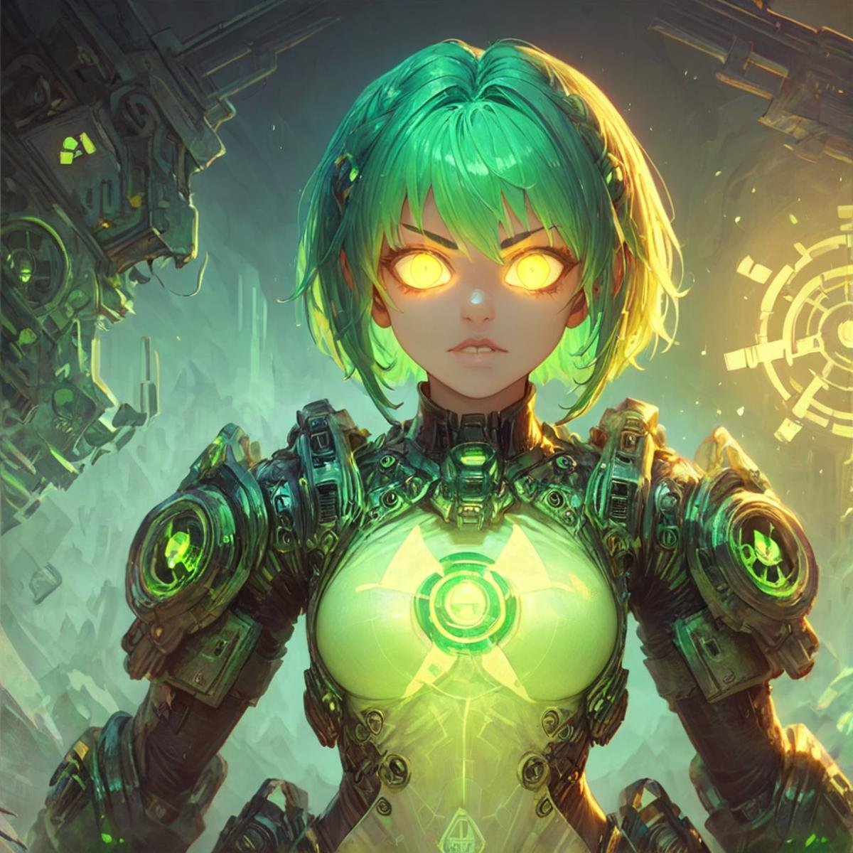 score_9, score_8_up, score_7_up, <lora:nuclearhazard_Pony:0.8>nuclearhazard,girl,solo,,see-trought clothes,glowing eyes,short glowing bright green hair,front view,simetric,eye focus