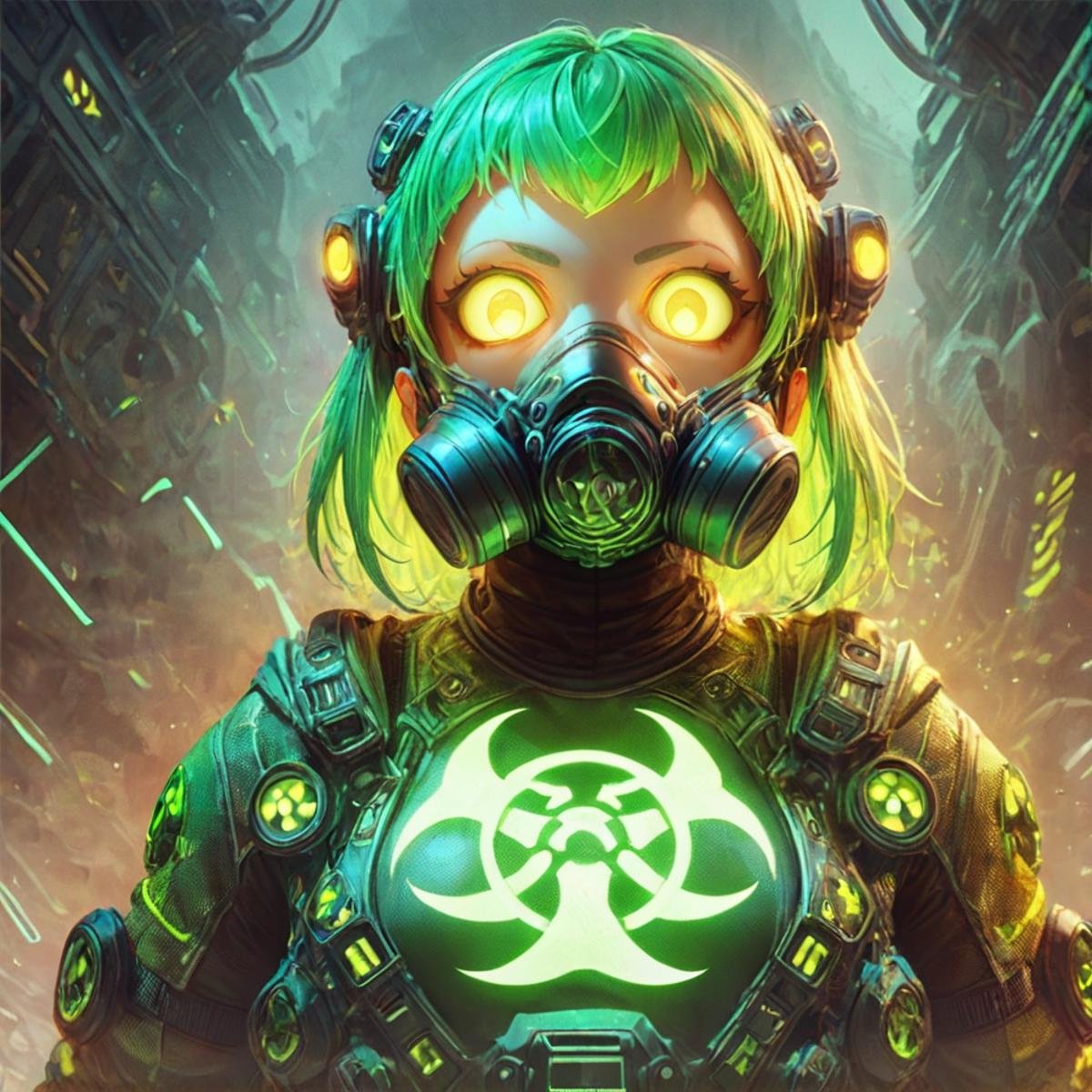 score_9, score_8_up, score_7_up, <lora:nuclearhazard_Pony:0.8>nuclearhazard,girl,solo,,see-trought clothes,glowing eyes,short glowing bright green hair,front view,simetric,eye focus,gasmask on mouth