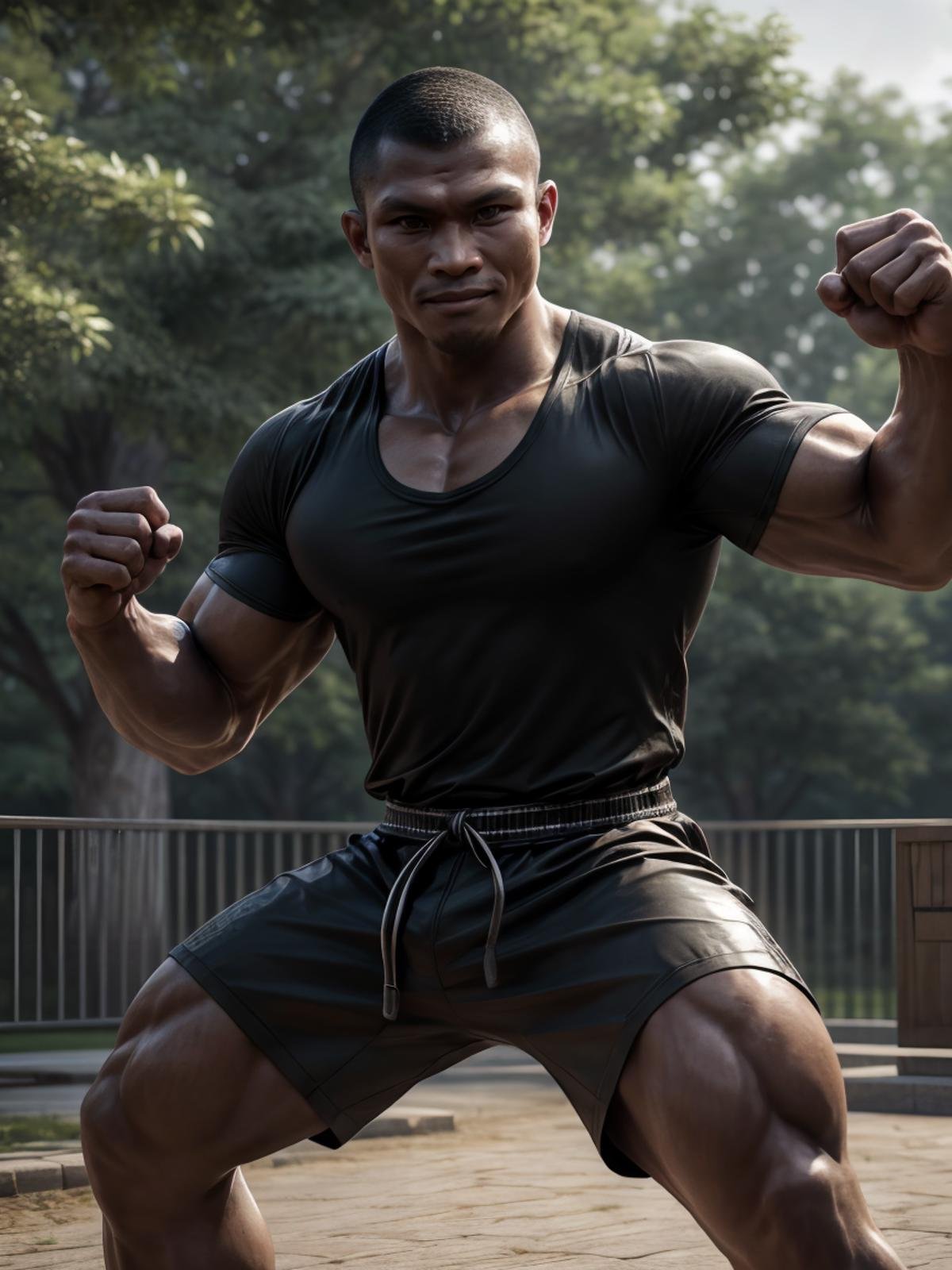 ultra realistic, unreal engine 5, anatomically correct, detailed eyes, detailed face, black eyes, male focus, solo, buakaw, buakaw banchamek, very dark skin, dark-skinned male, muscular, buzz cut, ((shirt)), smirk, fighting stance, clenched hands, park, upper body,<lora:Add More Details:0.8> <lora:Buakaw Banchamek H5:1>