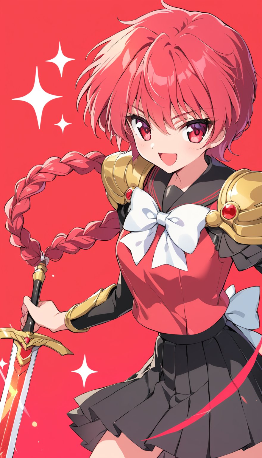 Hikaru Shidou, solo, long hair, smile, open mouth, skirt, red eyes, bow, holding, school uniform, weapon, braid, red hair, pleated skirt, perfect simetrycal sword, black skirt, holding weapon, armor, sparkle, single braid, holding sword, white bow, shoulder armor, red_ flame background, style CLAMP grupe design,Anine