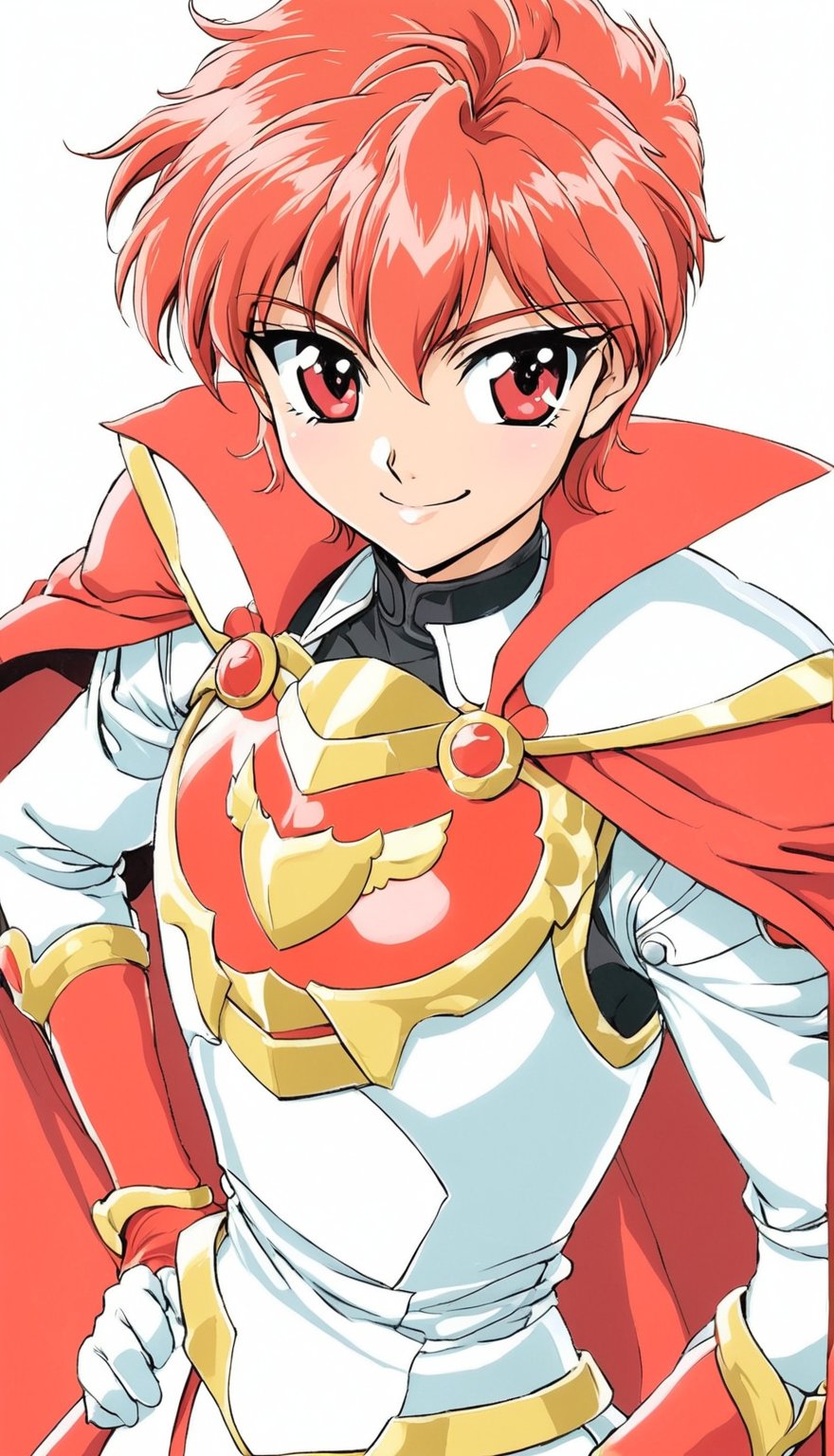 Hikaru Shidou, solo, smile, short hair, red eyes, gloves, red hair, cape, armor, hand on hip, shoulder armor, red cape, retro artstyle, style CLAMP grupe design



