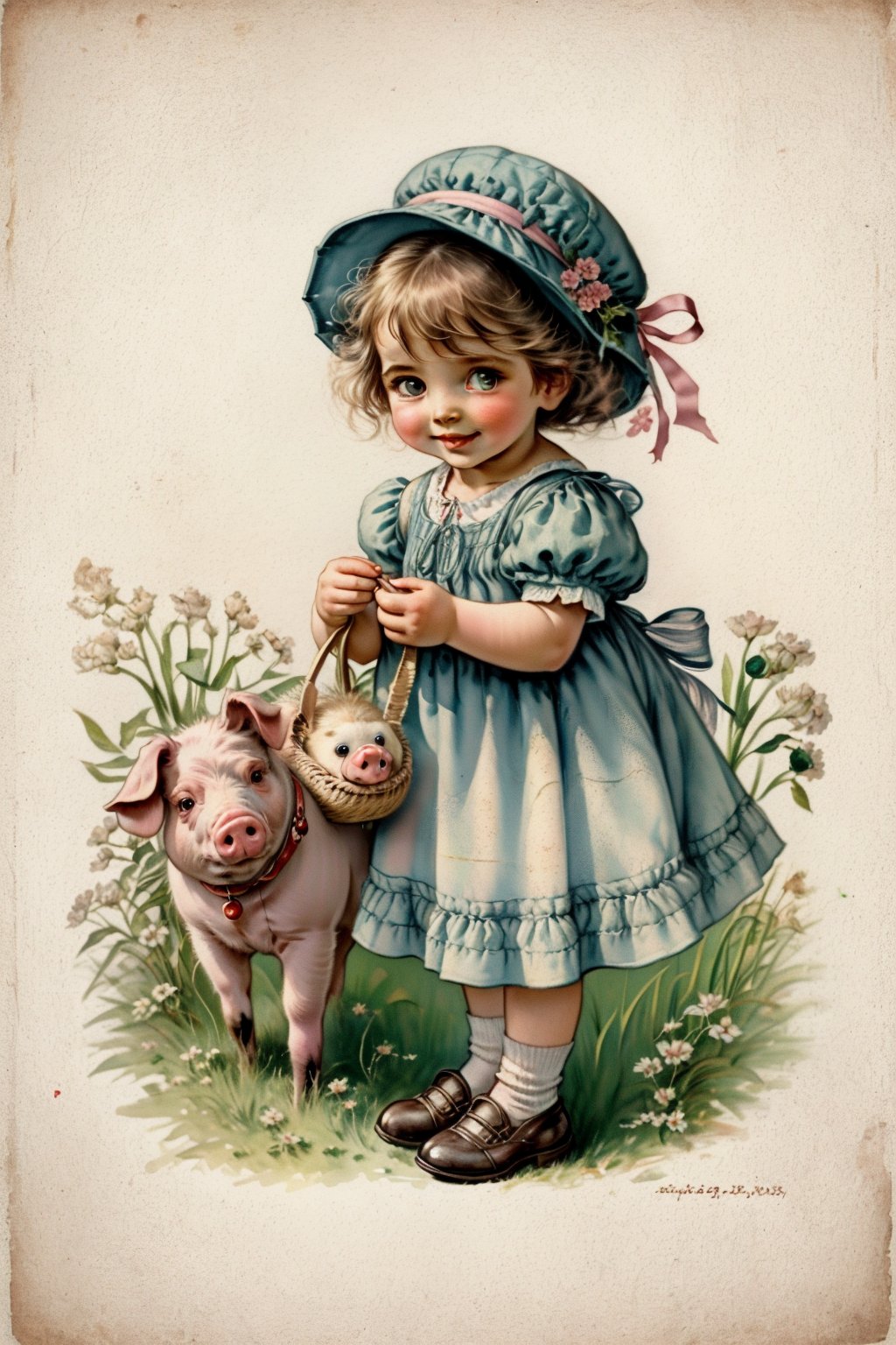 Cute little girl and pink pig, vintage children illustrations 