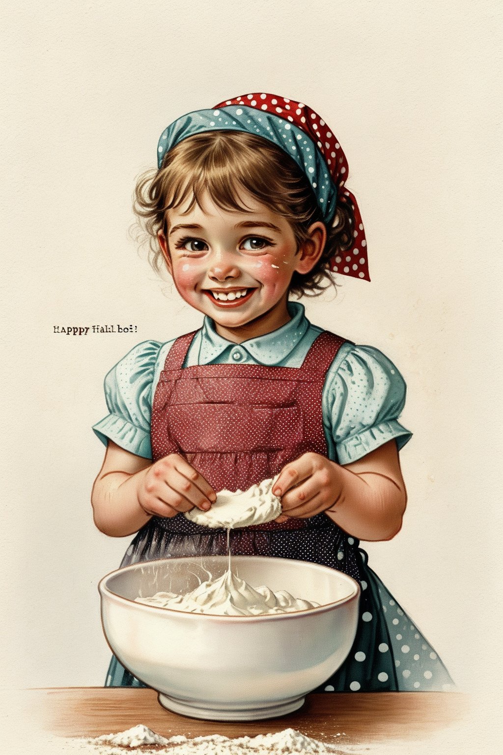 Little girl, I'm rolling out the cake dough His face was full of Flour, He smiled happily, She wears a red polka dot apron, 
.
.
Vintage children's illustrations 