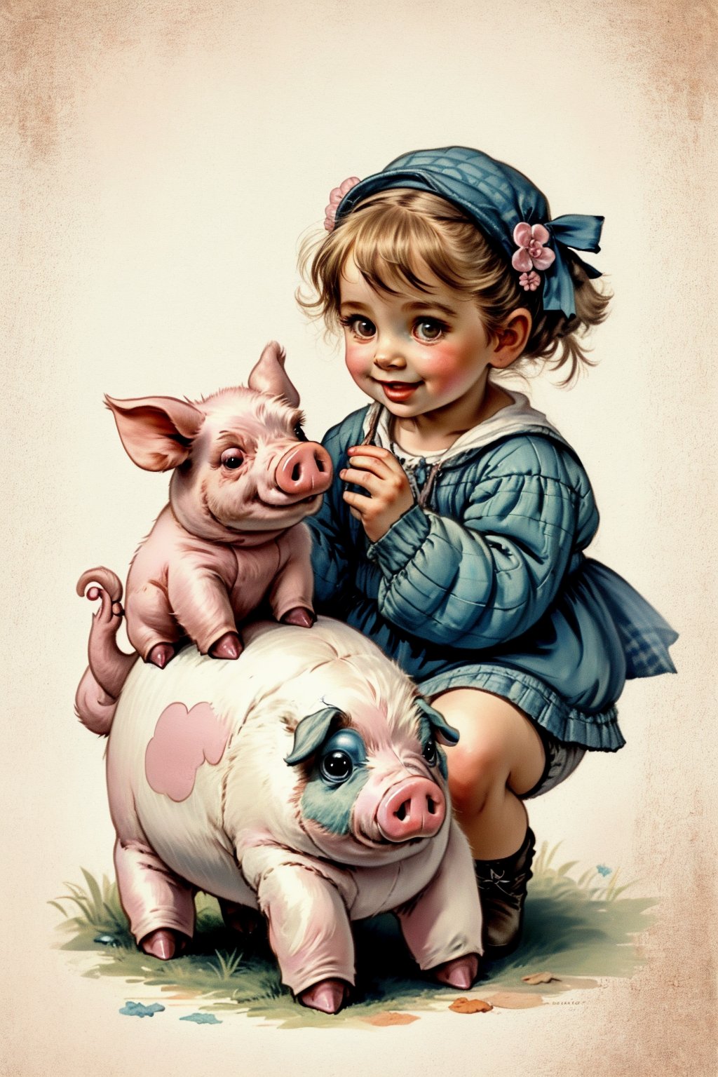 Cute little girl and pink pig, retro children illustrations 