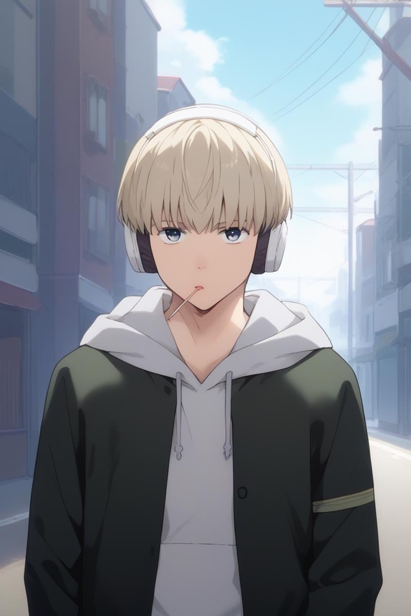 score_9, score_8_up, score_7_up, score_6_up, detailed, intricate details,cowboy shot,best quality ,source_anime, male focus,ren kaji, blonde hair, blue eyes, 1boy, male focus, food, headphones, solo, candy, lollipop, outdoors, hoodie, hood, looking at viewer, building, holding food, day, short hair<lora:EMS-406879-EMS:1.000000>