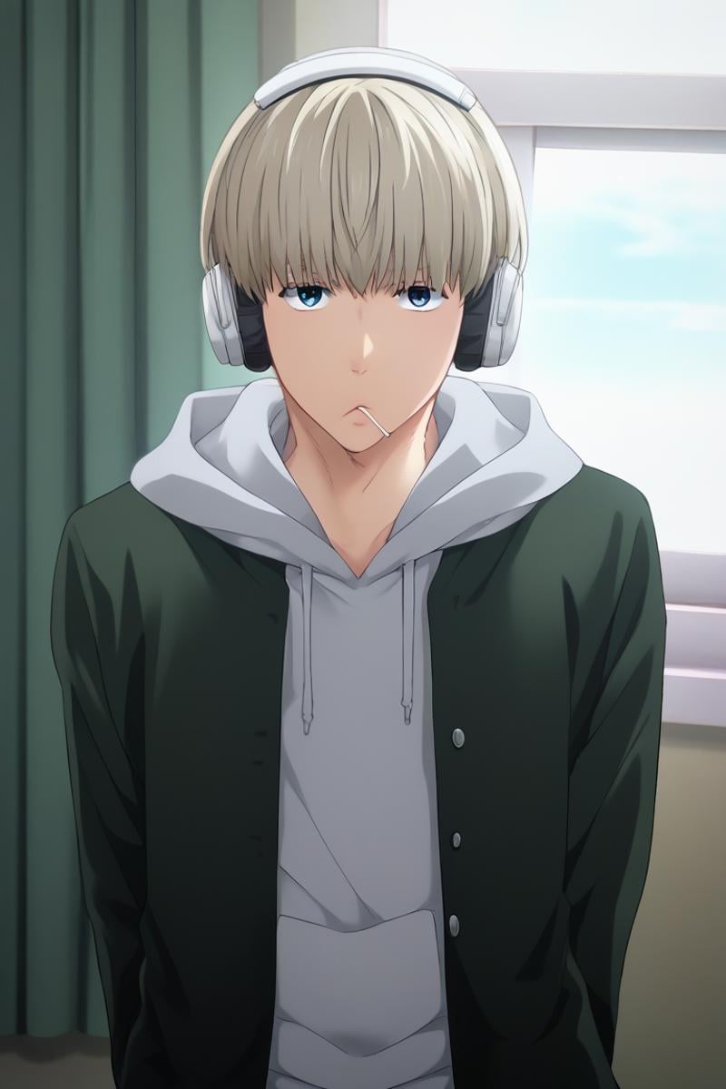 score_9, score_8_up, score_7_up, score_6_up, detailed, intricate details,cowboy shot,best quality ,source_anime, male focus,ren kaji, blonde hair, blue eyes, 1boy, male focus, solo, headphones, hoodie, hood, food, candy, lollipop, looking at viewer, window, curtains, indoors, school uniform<lora:EMS-406879-EMS:1.000000>