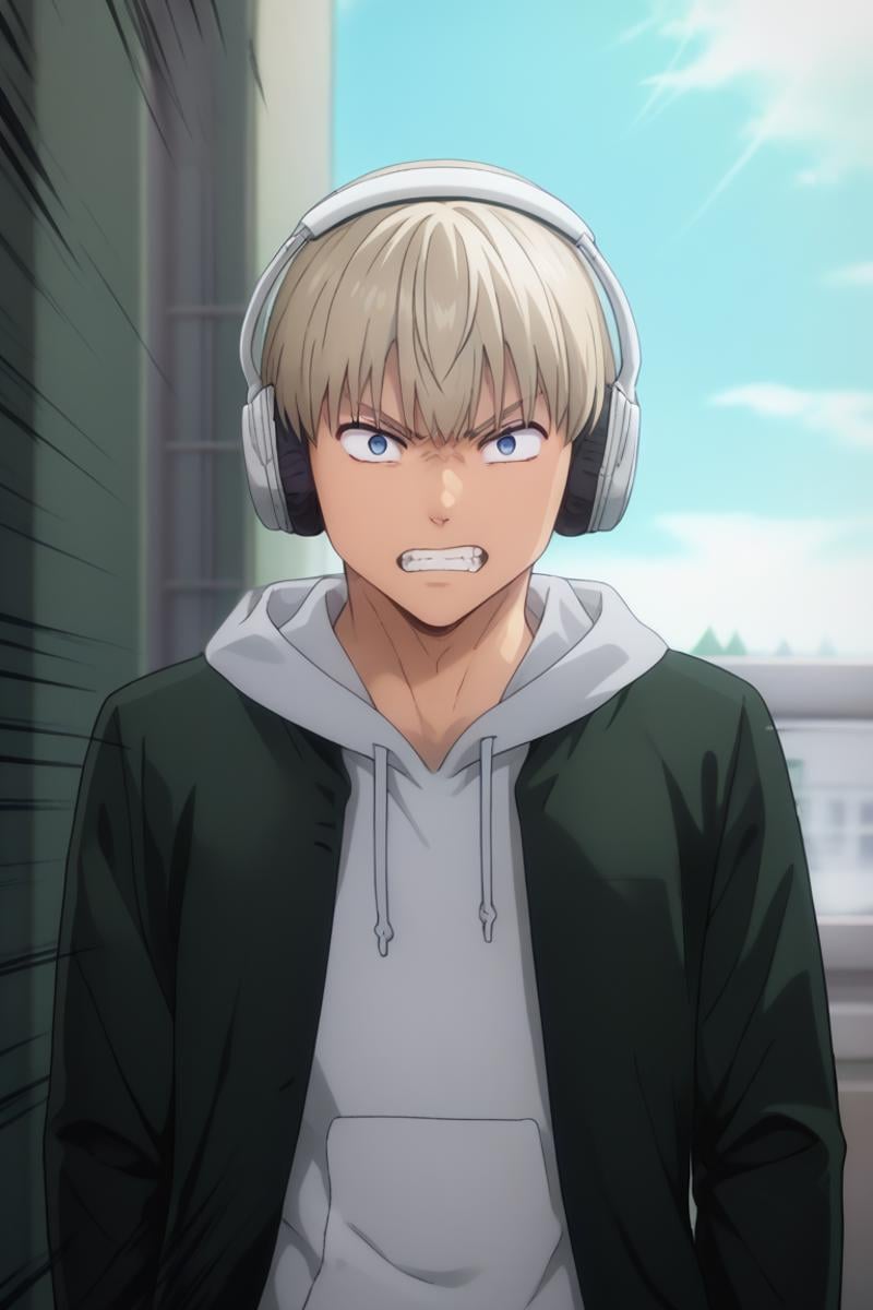 score_9, score_8_up, score_7_up, score_6_up, detailed, intricate details,cowboy shot,best quality ,source_anime, male focus,ren kaji, blonde hair, blue eyes, 1boy, male focus, headphones, solo, teeth, hoodie, hood, clenched teeth, day, sky, looking at viewer, outdoors, parody, short hair, emphasis lines, constricted pupils, meme<lora:EMS-406879-EMS:1.000000>