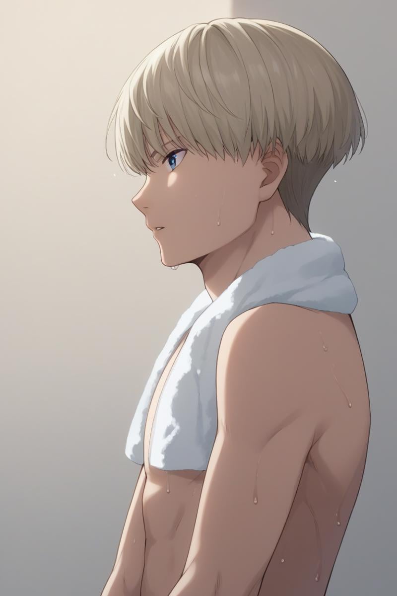 score_9, score_8_up, score_7_up, score_6_up, detailed, intricate details,cowboy shot,best quality ,source_anime, male focus,ren kaji, blonde hair, blue eyes, 1boy, male focus, solo, towel, looking at viewer, simple background, profile, short hair, parted lips, wet, towel around neck, upper body, bangs, from side, wet hair, sweat<lora:EMS-406879-EMS:1.000000>