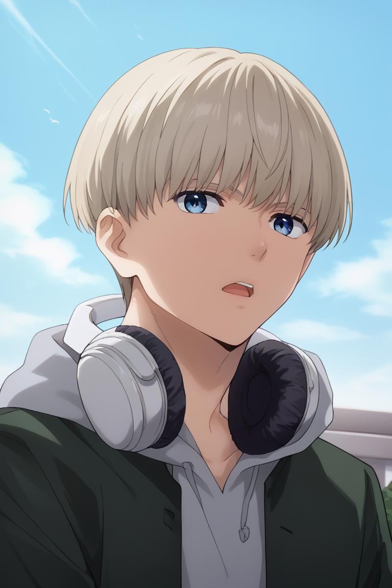 score_9, score_8_up, score_7_up, score_6_up, detailed, intricate details,cowboy shot,best quality ,source_anime, male focus,ren kaji, blonde hair, blue eyes, 1boy, male focus, headphones, solo, looking at viewer, sky, open mouth, day, short hair, cloud, parody, portrait, headphones around neck, bangs,score_5_up<lora:EMS-406879-EMS:1.000000>