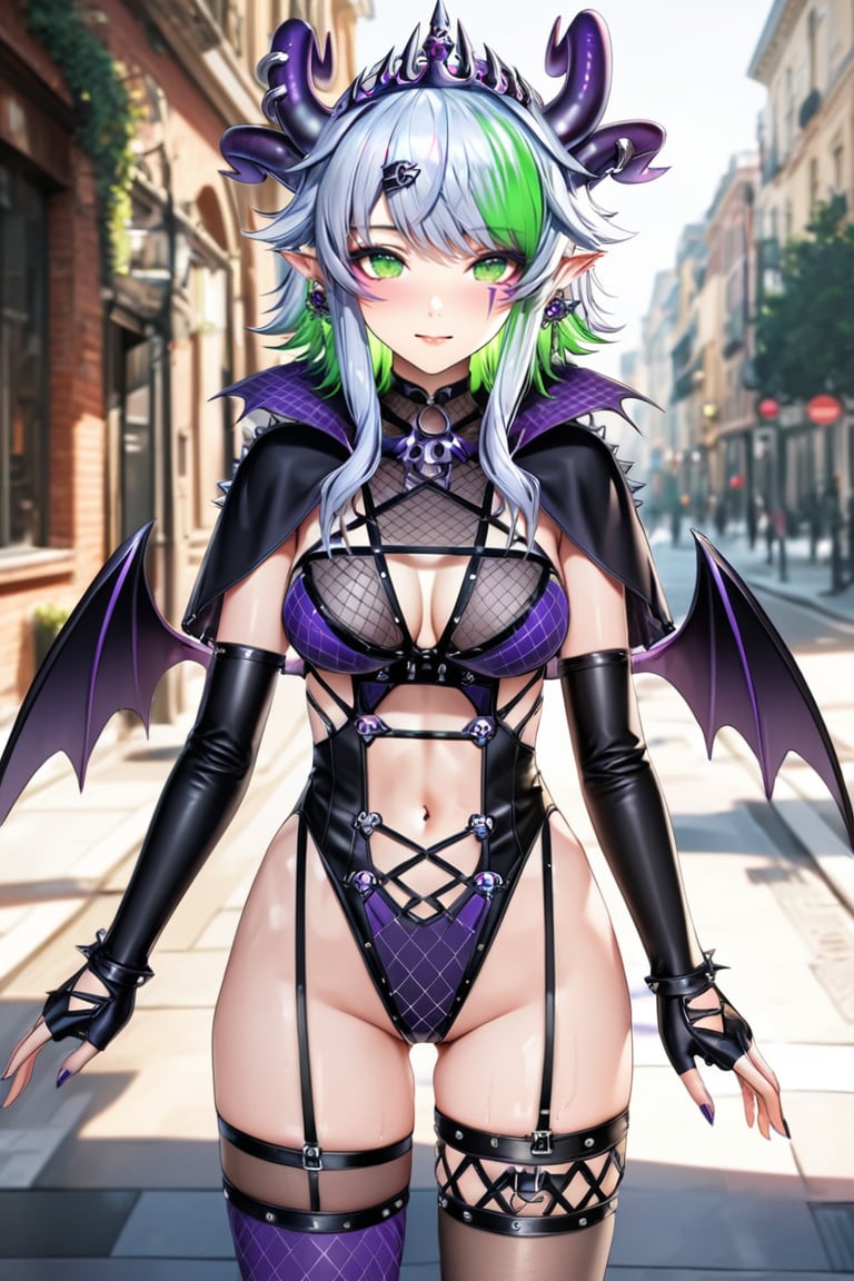 (Masterpiece), mature, HDR,UHD,8K, best quality, Highly detailed, physically-based rendering, extreme detail description, perfect skin, shiny skin, shiny hair,perfect face, 1girl, fr4, leotard, multicolored_hair, green hair, blue hair, white hair, streaked hair, gradient hair, thighhighs, asymmetrical_legwear, one thighhigh, gloves, fingerless gloves, pointy ears, horns, wings, jewelry, tiara, hair ornaments, Froot, garter straps, see-through, bangs, bow, demon girl, capelet,Apricot the lich,Froot(Vtuber), navel