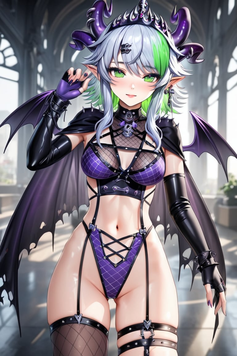 (Masterpiece), mature, HDR,UHD,8K, best quality, Highly detailed, physically-based rendering, extreme detail description, perfect skin, shiny skin, shiny hair,perfect face, 1girl, fr4, leotard, multicolored_hair, green hair, blue hair, white hair, streaked hair, gradient hair, thighhighs, asymmetrical_legwear, one thighhigh, gloves, fingerless gloves, pointy ears, horns, wings, jewelry, tiara, hair ornaments, Froot, garter straps, see-through, bangs, bow, demon girl, capelet,Apricot the lich,Froot(Vtuber), navel