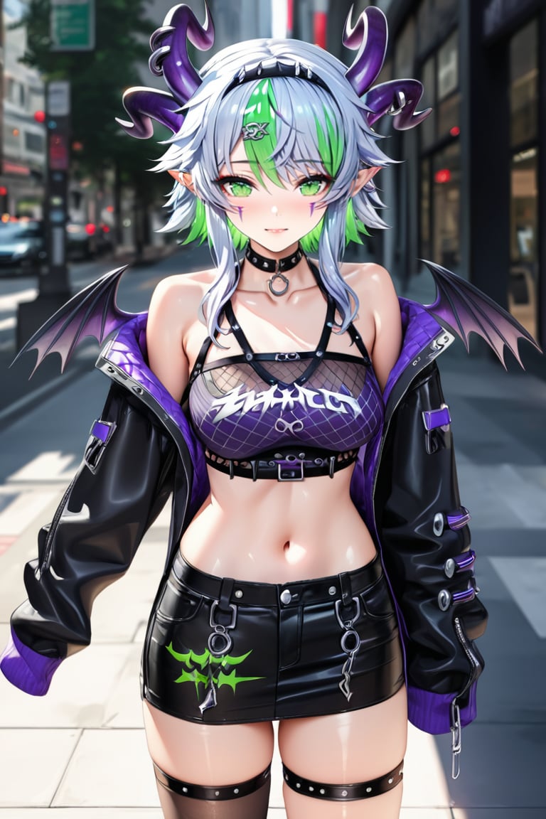 (Masterpiece), mature, HDR,UHD,8K, best quality, Highly detailed, physically-based rendering, extreme detail description, perfect skin, shiny skin, shiny hair,perfect face, 1girl, fr3, multicolored_hair, green hair, blue hair, white hair, twin_tails, short hair, streaked hair, gradient hair, thighhighs, hair ornaments, black skirt, crop top, collarbone, jacket, coat, hairband, open clothes, thighhighs,Apricot the lich, thigh strap, open coat, sleeves past wrists, jewelery, pointy ears, horns, wings