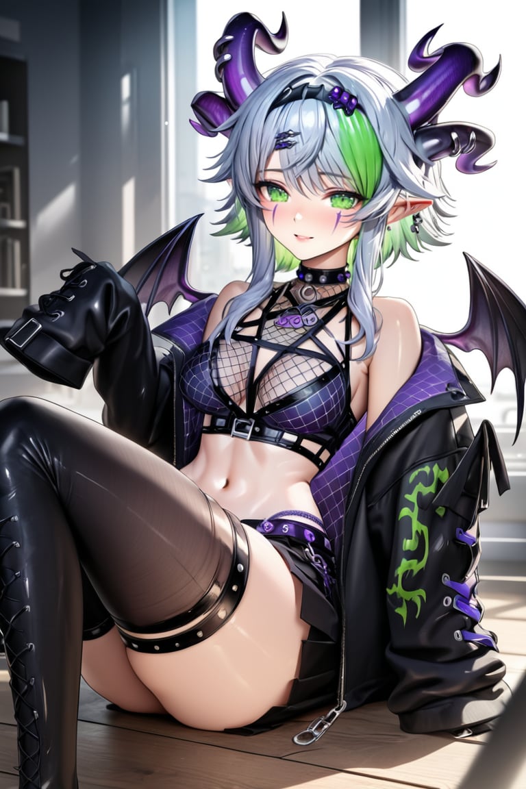 (Masterpiece), mature, HDR,UHD,8K, best quality, Highly detailed, physically-based rendering, extreme detail description, perfect skin, shiny skin, shiny hair,perfect face, 1girl, fr3, multicolored_hair, green hair, blue hair, white hair, twin_tails, short hair, streaked hair, gradient hair, thighhighs, hair ornaments, black skirt, crop top, collarbone, jacket, coat, hairband, open clothes, thighhighs,Apricot the lich, thigh strap, open coat, sleeves past wrists, jewelery, pointy ears, horns, wings