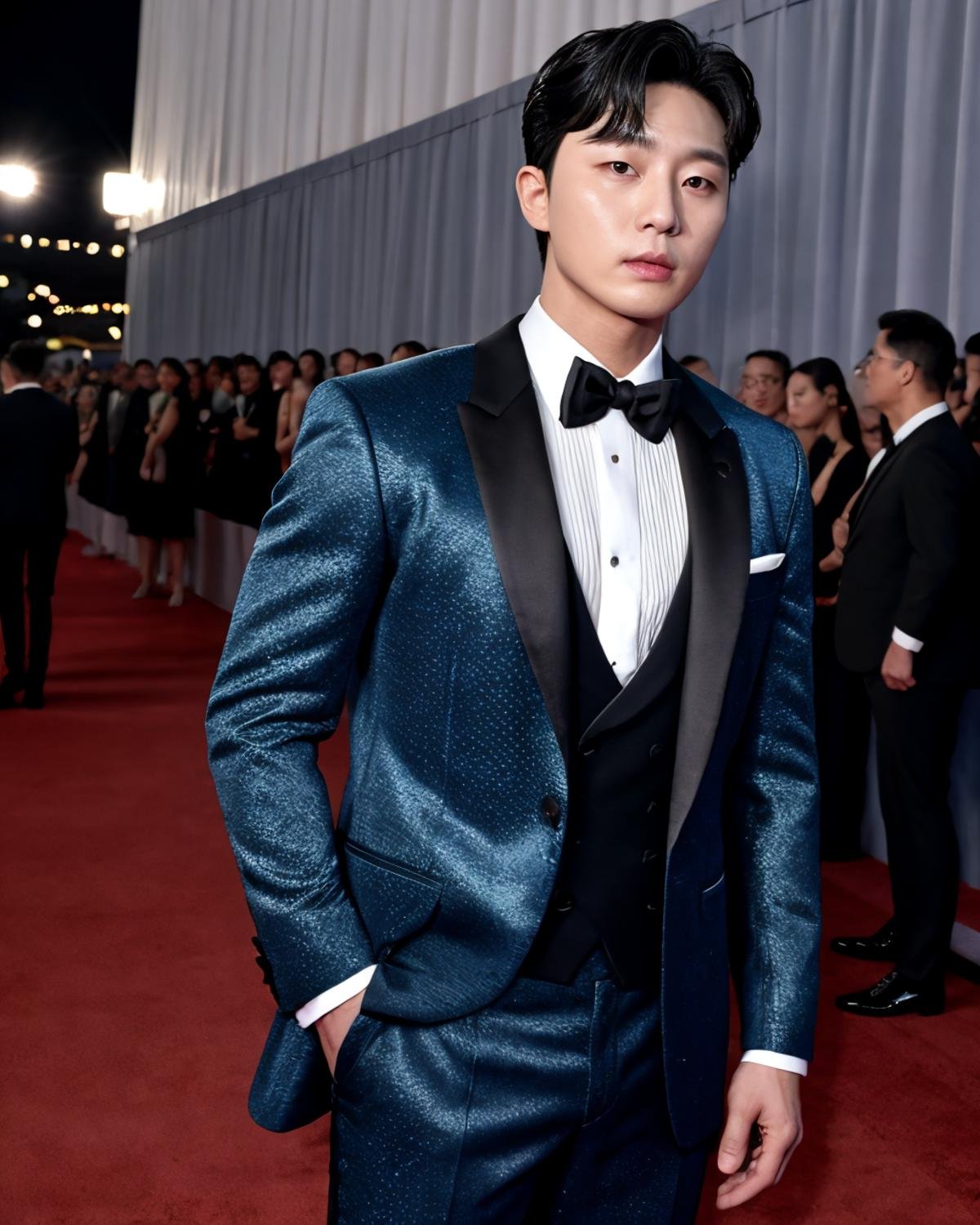 8k HD RAW High resolution upper body photo of parkseo <lora:parkseo-v1:0.9>, serious look, blue tuxedo, at red carpet, people in background, best quality, highly detailed, ultra-detailed,