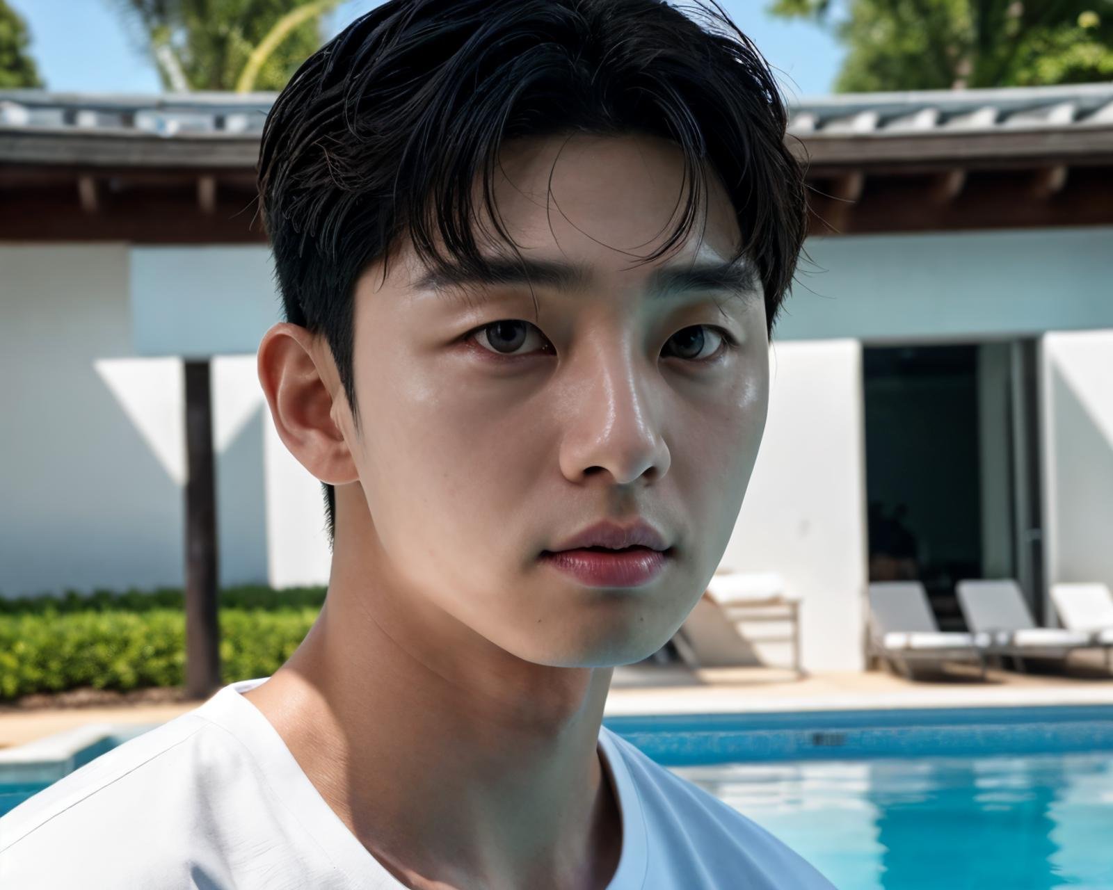 8k HD RAW High resolution close up photo of parkseo <lora:parkseo-v1:0.9>, serious look, white shirt, by pool, skinny, face focus, best quality, highly detailed, ultra-detailed,