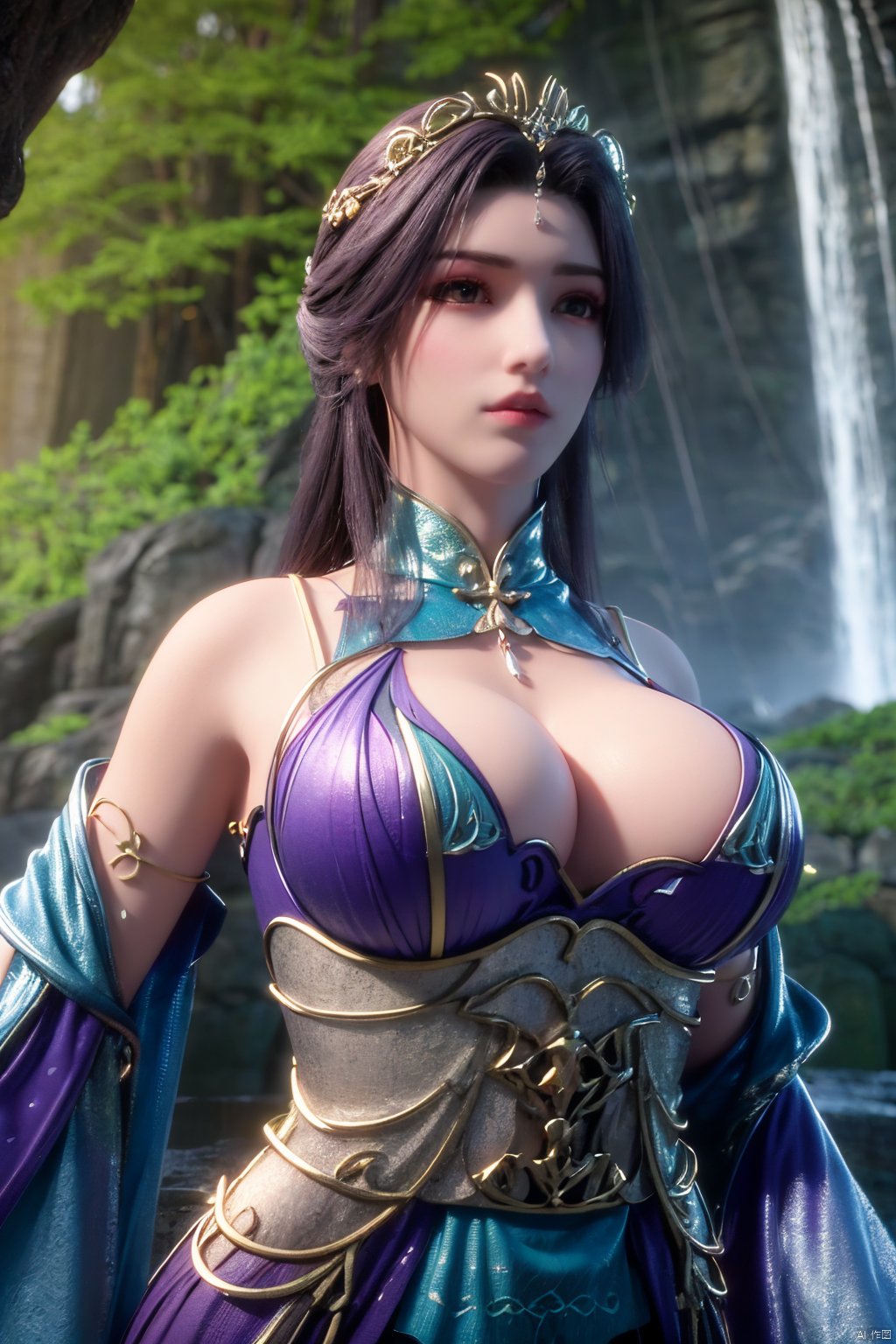 masterpiece,best quality,official art,extremely detailed CG unity 8k wallpaper,1girl, upper body, purple hair, light rays, light particles, waterfall, tree, clover,,(big breasts:1.59),  ,song_hanfu, New Chinese_Hanfu, traditional chinese ink painting, hanfu,ultra-detailed, Xlongnv,black and white ink painting