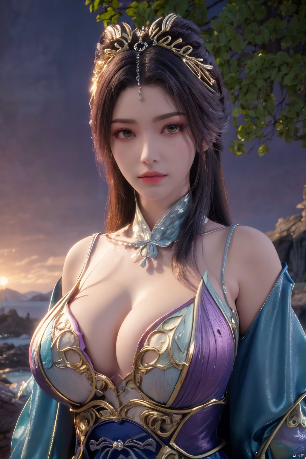 masterpiece,best quality,official art,extremely detailed CG unity 8k wallpaper,1girl, upper body, purple hair, light rays, light particles, waterfall, tree, clover,,(big breasts:1.59),  ,song_hanfu, New Chinese_Hanfu, traditional chinese ink painting, hanfu,ultra-detailed, Xlongnv,