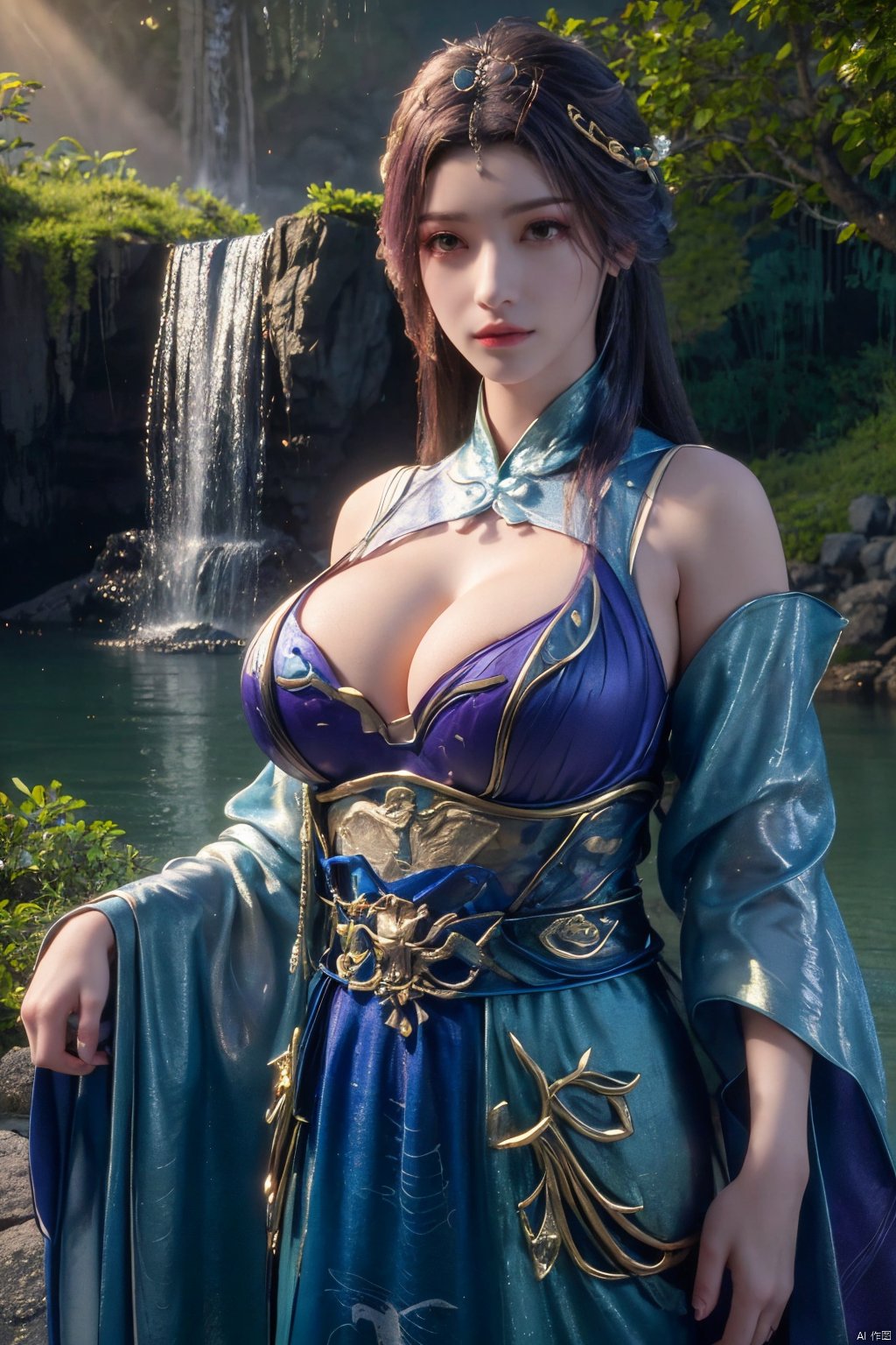 masterpiece,best quality,official art,extremely detailed CG unity 8k wallpaper,1girl, upper body, purple hair, light rays, light particles, waterfall, tree, clover,,(big breasts:1.59),  ,song_hanfu, New Chinese_Hanfu, traditional chinese ink painting, hanfu,ultra-detailed, Xlongnv,