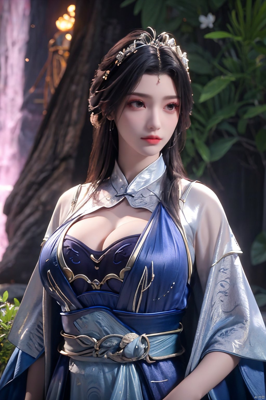 masterpiece,best quality,official art,extremely detailed CG unity 8k wallpaper,1girl, upper body, purple hair, light rays, light particles, waterfall, tree, clover,,(big breasts:1.59),  ,song_hanfu, New Chinese_Hanfu, traditional chinese ink painting, hanfu,ultra-detailed, Xlongnv,black and white ink painting