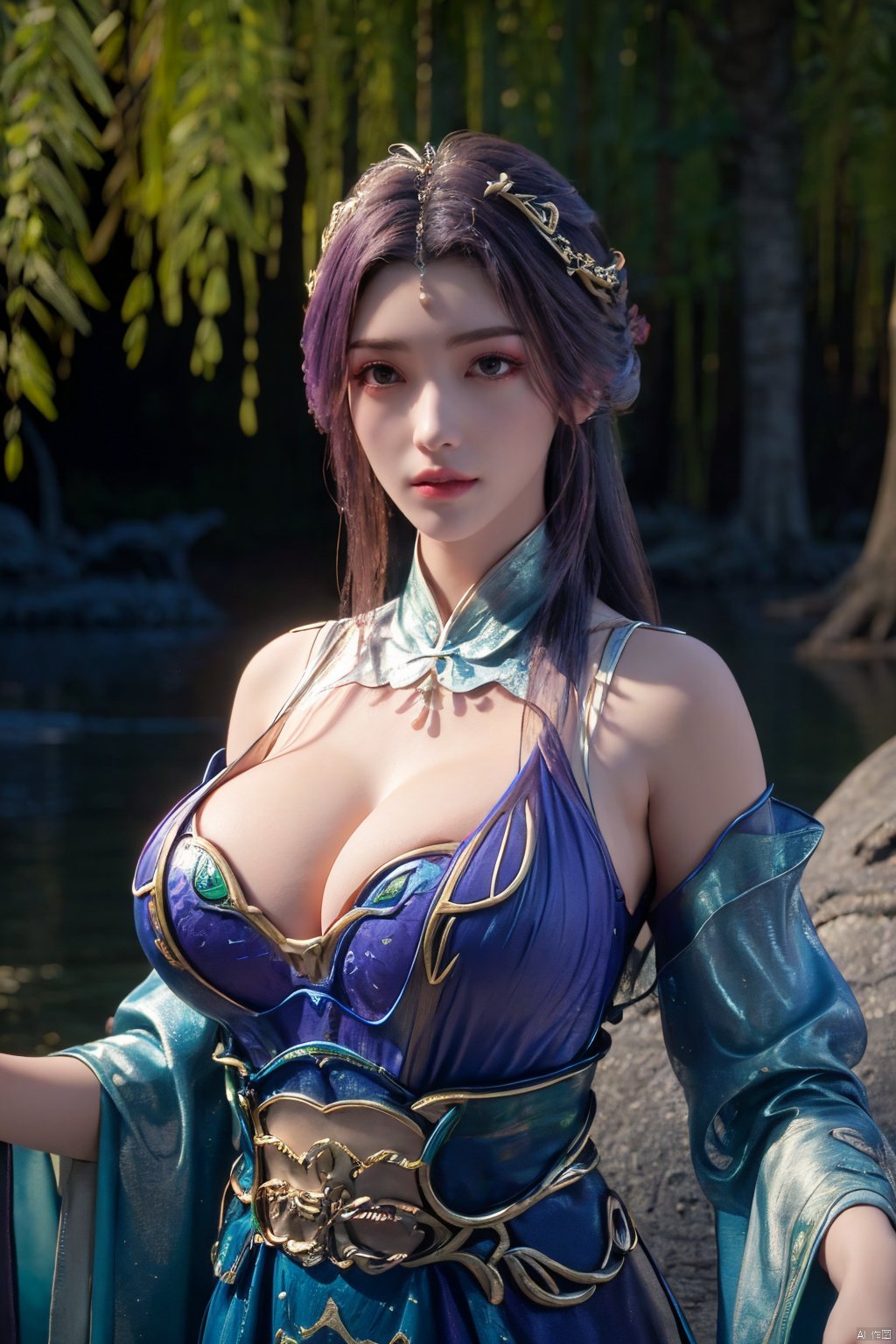 masterpiece,best quality,official art,extremely detailed CG unity 8k wallpaper,1girl, upper body, purple hair, light rays, light particles, waterfall, tree, clover,,(big breasts:1.59),  ,song_hanfu, New Chinese_Hanfu, traditional chinese ink painting, hanfu,ultra-detailed, Xlongnv,