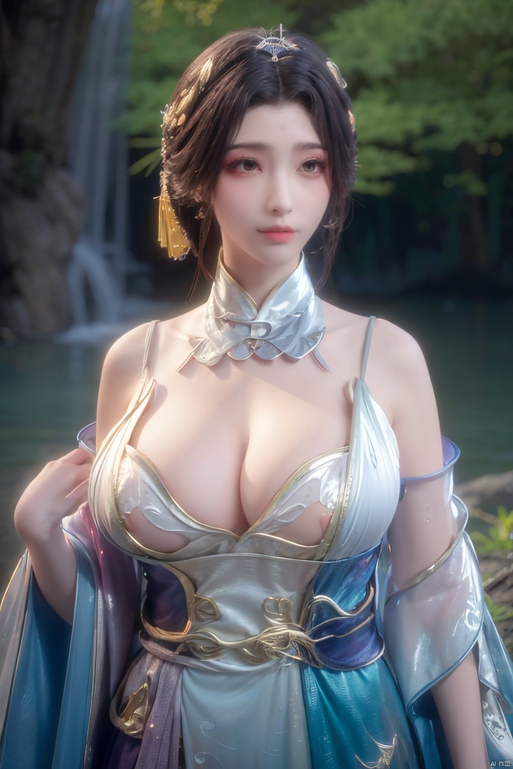 masterpiece,best quality,official art,extremely detailed CG unity 8k wallpaper,1girl, upper body, purple hair, light rays, light particles, waterfall, tree, clover,,(big breasts:1.59),  ,song_hanfu, New Chinese_Hanfu, traditional chinese ink painting, hanfu,ultra-detailed, Xlongnv,black and white ink painting