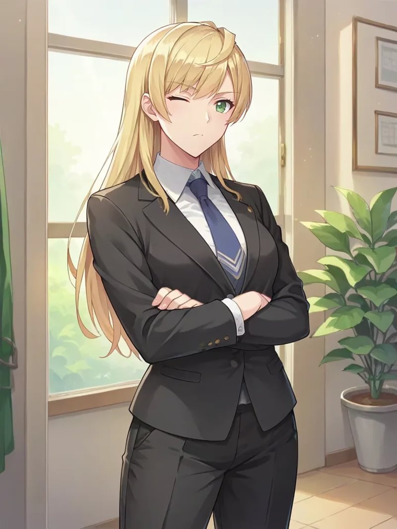 score_9, score_8_up, score_7_up, <lora:lunaslaveswordpony:1>,1girl, solo, lunassword, blonde hair, long hair, green eyes, business suit, black shirt, black pants, necktie, standing, arms crossed, wink, serious, indoors, CEO Office