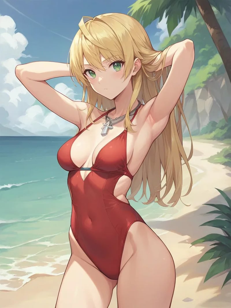 score_9, score_8_up, score_7_up, <lora:lunaslaveswordpony:1>,1girl, solo, lunassword, blonde hair, long hair, green eyes, red swimsuit, outdoors, beach, standing, arms behind head, looking at viewer