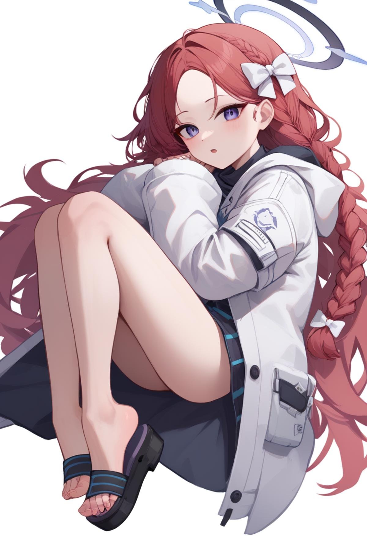 score_9,score_8_up,score_7_up,<lora:fetal_position_pony:1>,yuzu (blue archive),1girl,solo,long hair,halo,red hair,jacket,sandals,forehead,braid,white bow,looking at viewer,hair bow,bow,long sleeves,white jacket,purple eyes,very long hair,toes,on side,hood,hooded jacket,lying,open mouth,parted bangs,white background,feet,simple background,toenails,full body,legs,blue eyes,fetal position,