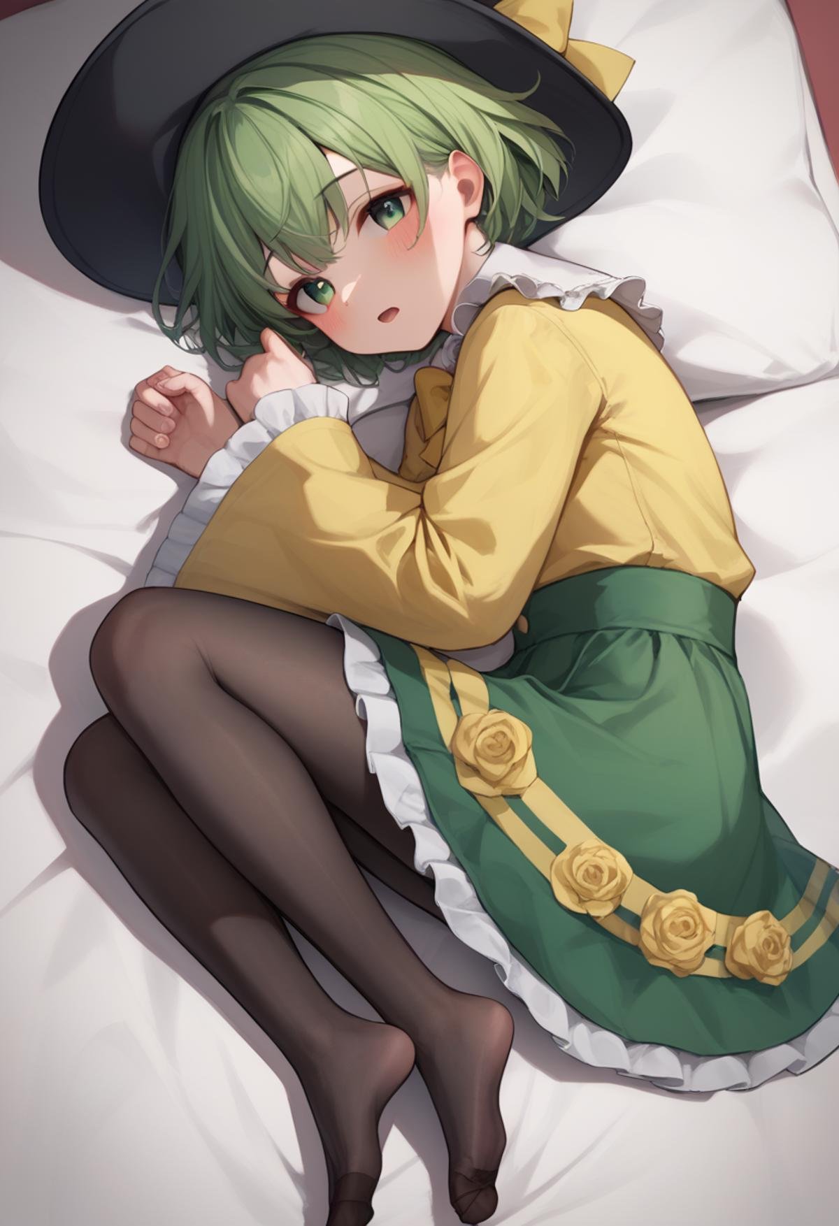 score_9,score_8_up,score_7_up,<lora:fetal_position_pony:1>,komeiji koishi, 1girl, solo, skirt, green eyes, hat, third eye, green hair, pantyhose, shirt, yellow shirt, green skirt, frills, black pantyhose, long sleeves, black headwear, open mouth, floral print, bow, looking at viewer, hat bow, yellow bow, short hair, eyeball, frilled skirt, on side, rose print, frilled sleeves, wide sleeves, frilled shirt collar, lying, no shoes, blouse, blush, fetal position