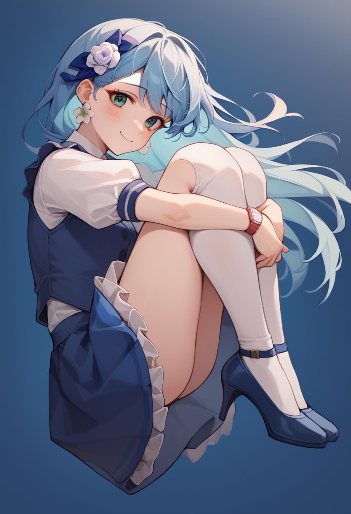 score_9,score_8_up,score_7_up,<lora:fetal_position_pony:1>,1girl, solo, watch, long hair, blue hair, hair flower, thighhighs, short sleeves, flower, hair ornament, looking at viewer, puffy sleeves, socks, smile, wristwatch, high heels, earrings, blue footwear, puffy short sleeves, frills, skirt, jewelry, full body, white socks, fishnets, signature, shirt, blue skirt, closed mouth, kneehighs, dress, ribbon, blue vest, flower earrings, knees up, white shirt, frilled skirt, green eyes, blue dress, blush, from side, white thighhighs, vest, hugging own legs, blue background, eyelashes, shoes, fetal position