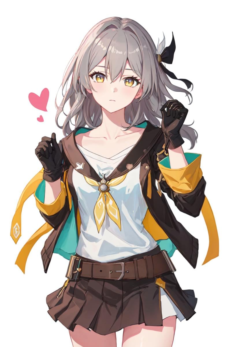 best quality, masterpiece, highres, <lora:fireflysd15:1>，1girl, absurdres, black_gloves, black_jacket, black_skirt, closed_mouth, collarbone, commentary_request, cowboy_shot, double-parted_bangs, expressionless, gloves, grey_hair, hair_between_eyes, hands_up, heart, heart_hands, highres, honkai:_star_rail, honkai_\(series\), jacket, looking_at_viewer, medium_hair, shirt, side_slit, simple_background, skirt, sleeves_rolled_up, solo, stelle_\(honkai:_star_rail\), thigh_strap, trailblazer_\(honkai:_star_rail\), white_background, white_shirt, yamato_\(muchuu_paradigm\), yellow_eyes, yellow_trim