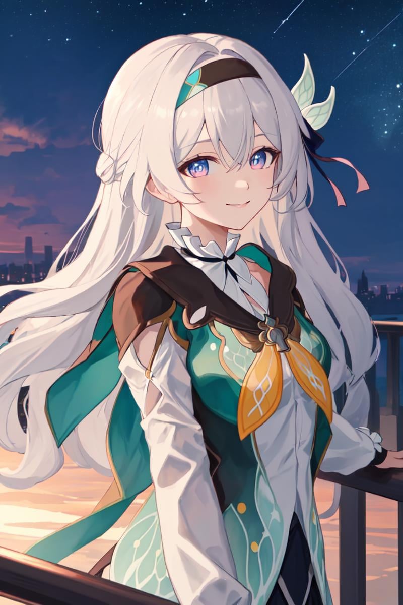 best quality, masterpiece, highres, <lora:fireflysd15:1>，firefly \(honkai: star rail\), 1girl, solo, long hair, smile, blue eyes, closed mouth, looking at viewer, outdoors, bangs, long sleeves, hair ornament, hairband, hair between eyes, cloudy sky, red cape, blue sky, star \(sky\), night sky, white hair, upper body, white shirt, railing