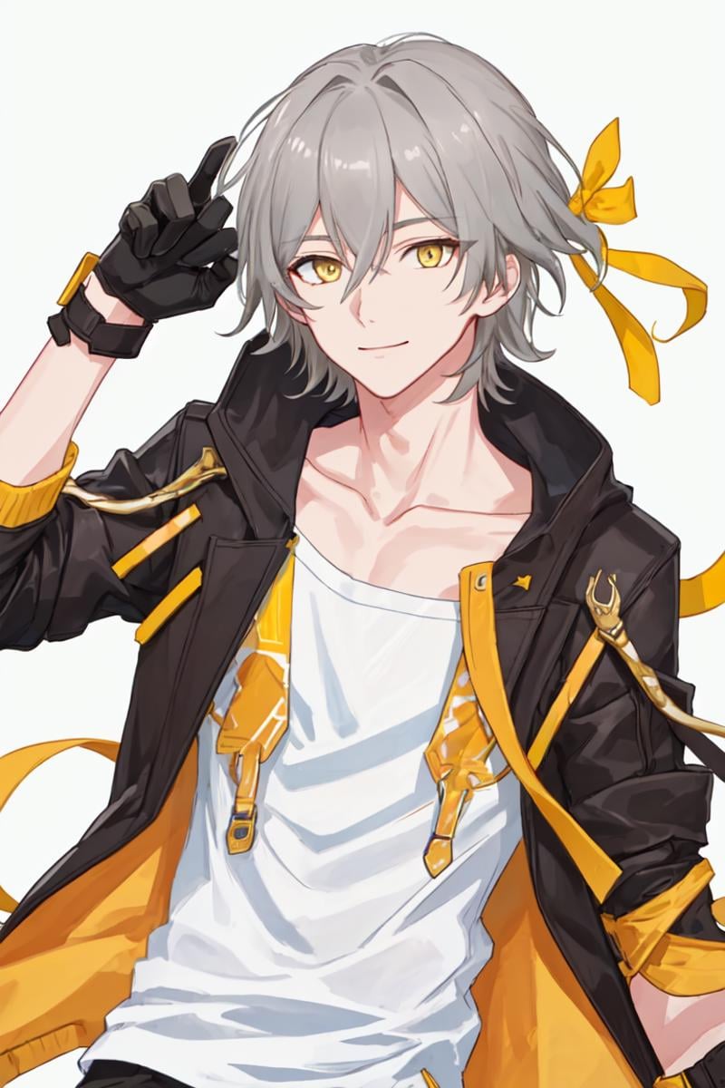 best quality, masterpiece, highres, <lora:fireflysd15:1>，1boy, solo, smile, grey hair, short hair, gloves, jacket, shirt, ribbon, black gloves, black jacket, caelus \(honkai: star rail\), closed mouth, fingerless gloves, highres, honkai: star rail, honkai \(series\), looking at viewer, male focus, multicolored clothes, multicolored jacket, trailblazer \(honkai: star rail\), white shirt, yellow background, yellow eyes, yellow jacket, yellow ribbon, zangyaacco