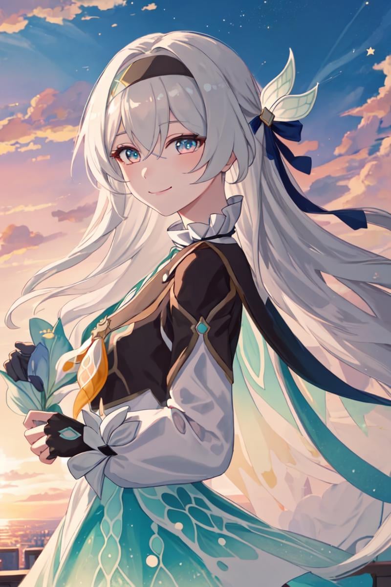 best quality, masterpiece, highres, <lora:fireflysd15:1>，firefly \(honkai: star rail\), 1girl, solo, long hair, looking at viewer, smile, closed mouth, bangs, sky, black hairband, outdoors, hair between eyes, hair ornament, white hair, long sleeves, sunset, cloud, elbow gloves, white dress