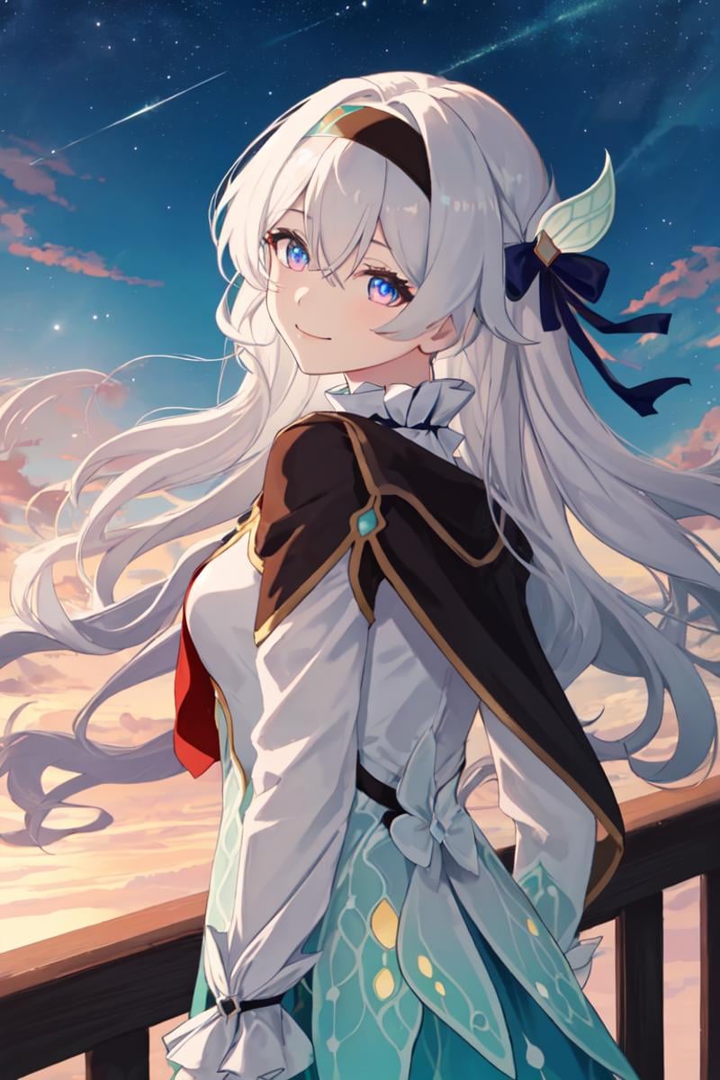 best quality, masterpiece, highres, <lora:fireflysd15:1>，firefly \(honkai: star rail\), 1girl, solo, long hair, smile, blue eyes, closed mouth, looking at viewer, outdoors, bangs, long sleeves, hair ornament, hairband, hair between eyes, cloudy sky, red cape, blue sky, star \(sky\), night sky, white hair, upper body, white shirt, railing