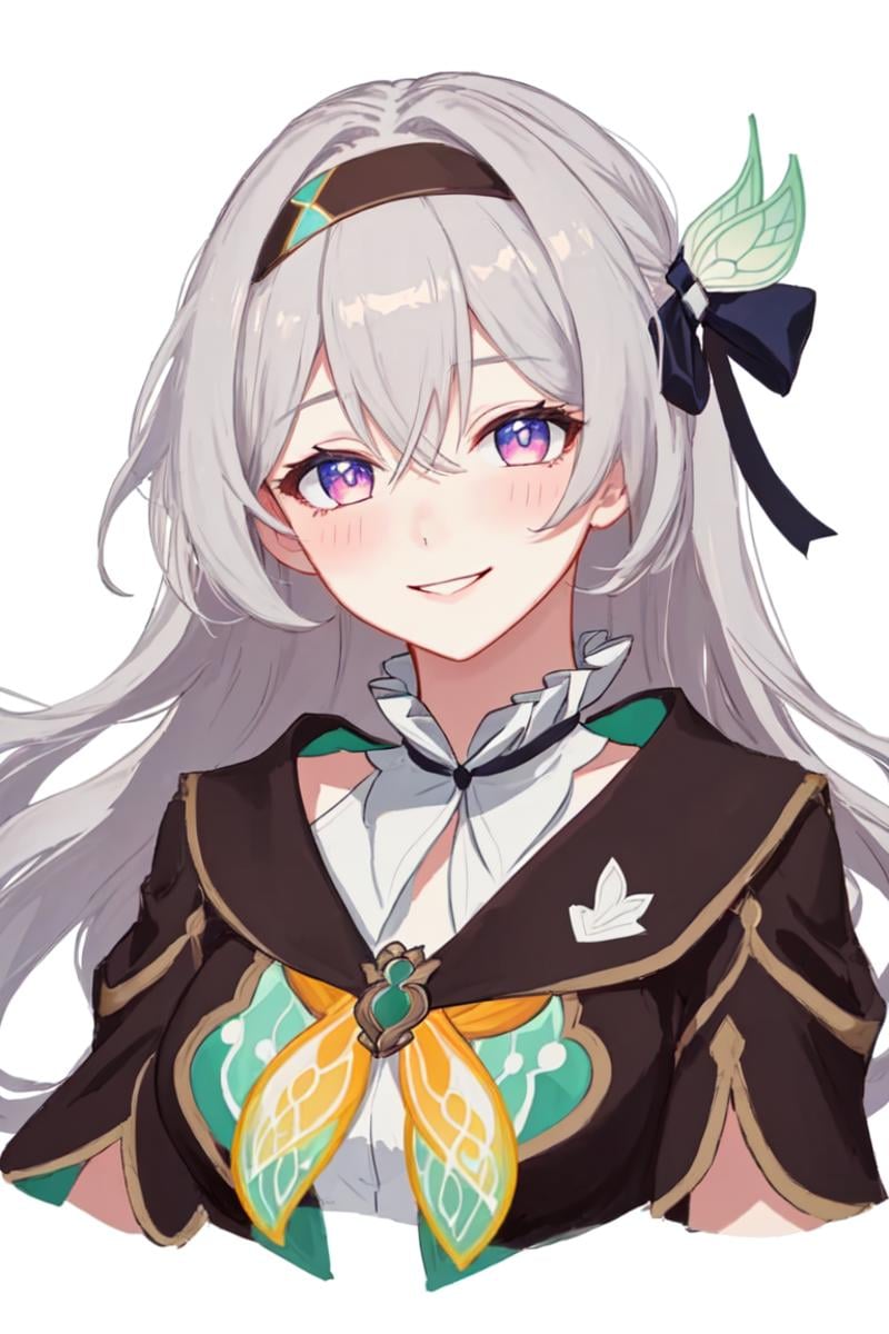 best quality, masterpiece, highres, <lora:fireflysd15:1>，firefly \(honkai: star rail\), 1girl, solo, smile, long hair, looking at viewer, upper body, white background, cropped torso, simple background, black hairband, bangs, hair between eyes, black jacket, blush, closed mouth, purple eyes, white shirt, hair bow, grey hair, cropped arms