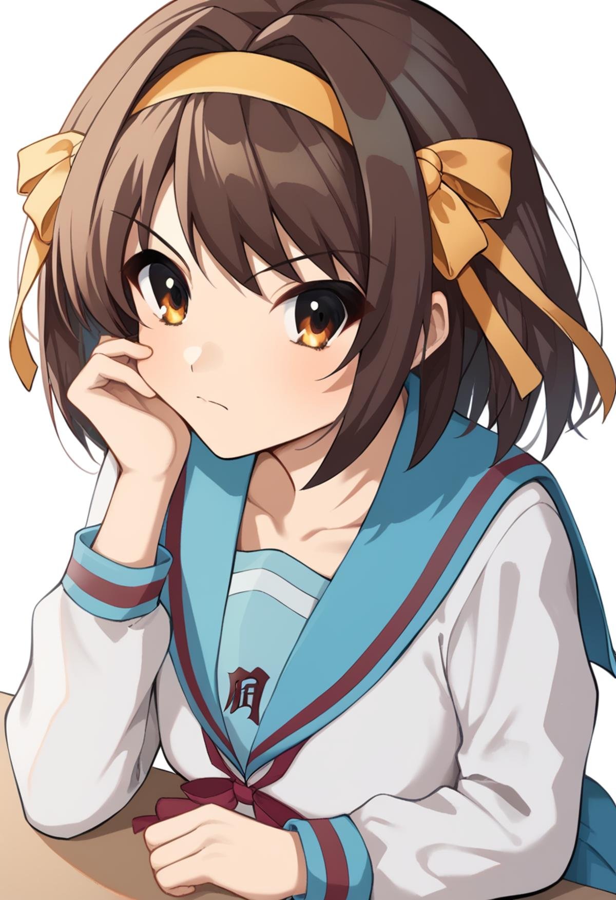 score_9,score_8_up,score_7_up,<lora:suzumiya_haruhi_pony:1>,winter_uniform,red_ribbon,blue_skirt,absurdres,hand_on_own_cheek,upper_body,hair_ribbon,highres,yellow_ribbon,suzumiya_haruhi,yellow_hairband,blue_sailor_collar,kita_high_school_uniform,serafuku,looking_at_viewer,solo,long_sleeves,simple_background,anime_coloring,green_background,1girl,desk,commentary,white_shirt,closed_mouth,