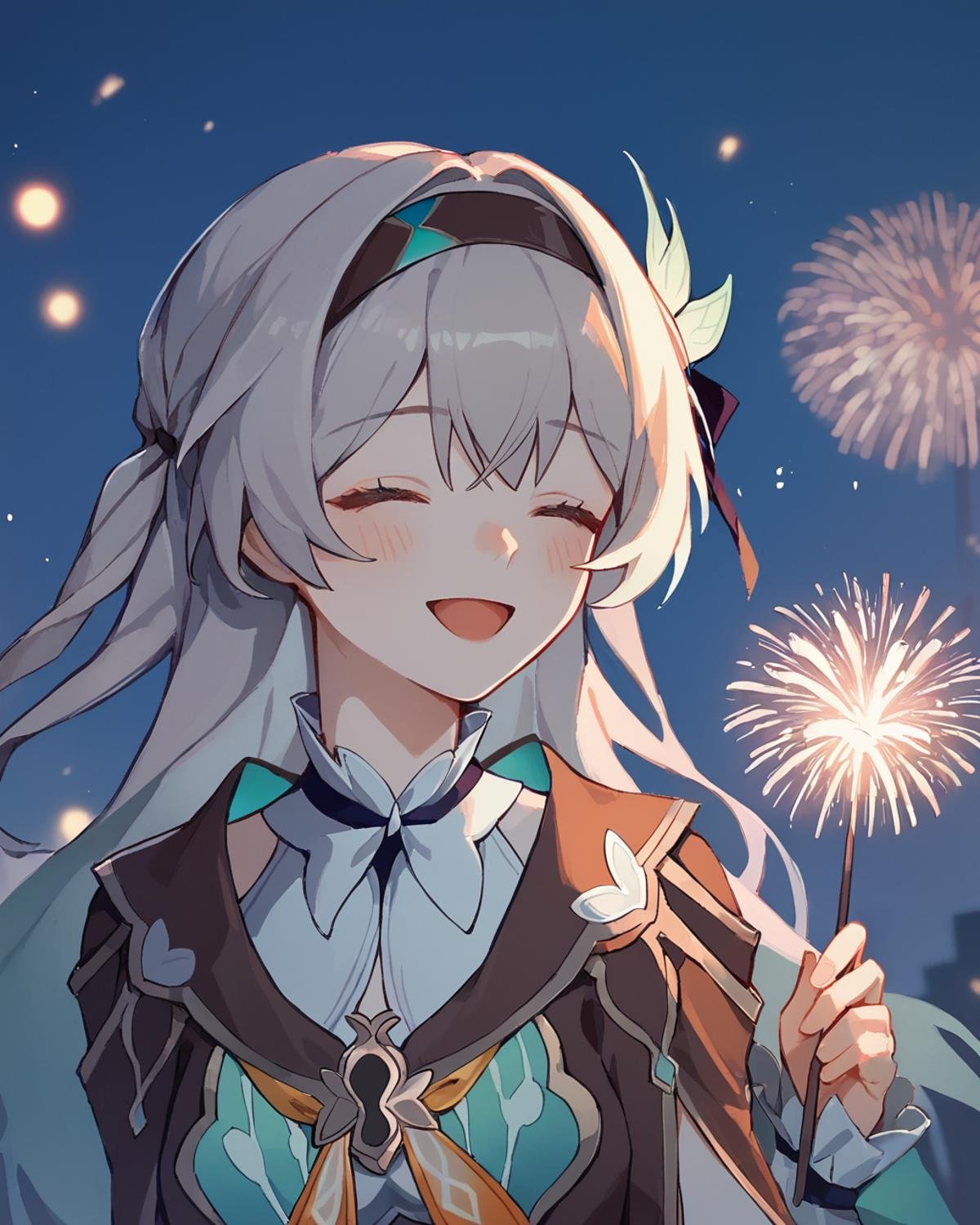 score_9, score_8_up, score_7_up ,<lora:firefly_pony:1>,firefly \(honkai: star rail\), 1girl, solo, long_hair, closed_eyes, smile, hairband, open_mouth, fireworks, hair_ornament, sparkler, blush, jacket, long_sleeves, bangs, dress, hair_flower, facing_viewer