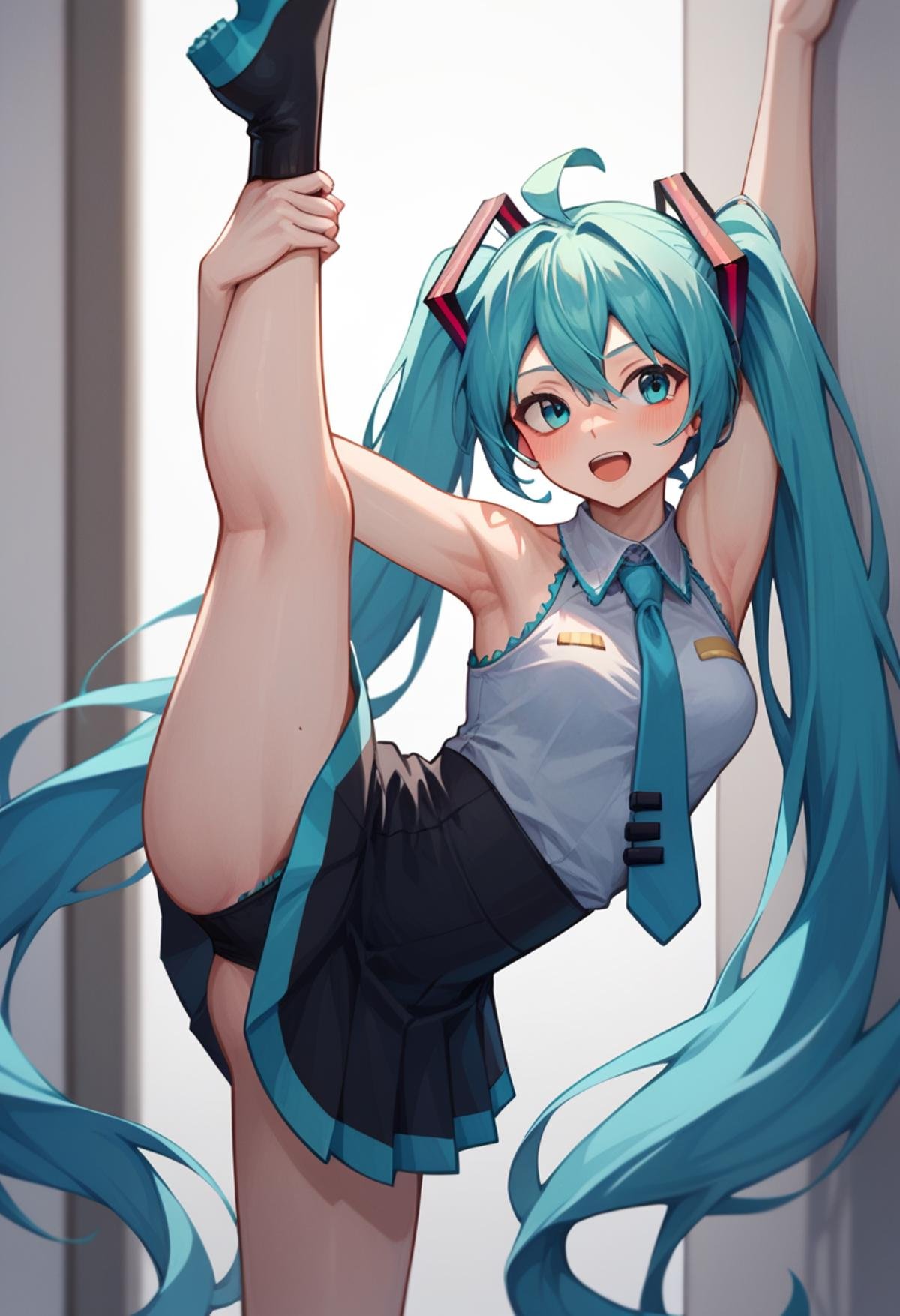 score_9,score_8_up,score_7_up,<lora:standing_split:1>,hatsune miku,1girl,standing on one leg,standing split,leg hold,leg lift,